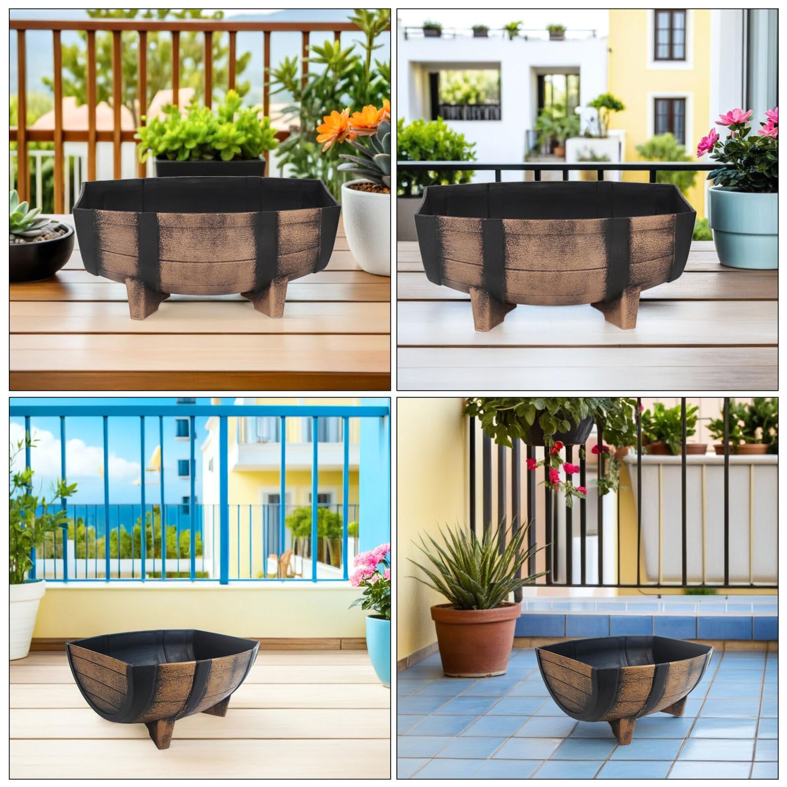 COLLBATH Jardinera de Medio Barril Rústica para Jardín Exterior E Interior, Maceta Estilo Granja 40,6x20,8 Cm, Plástico Resistente con Patas Elevadas para Mejor Drenaje y Decoración