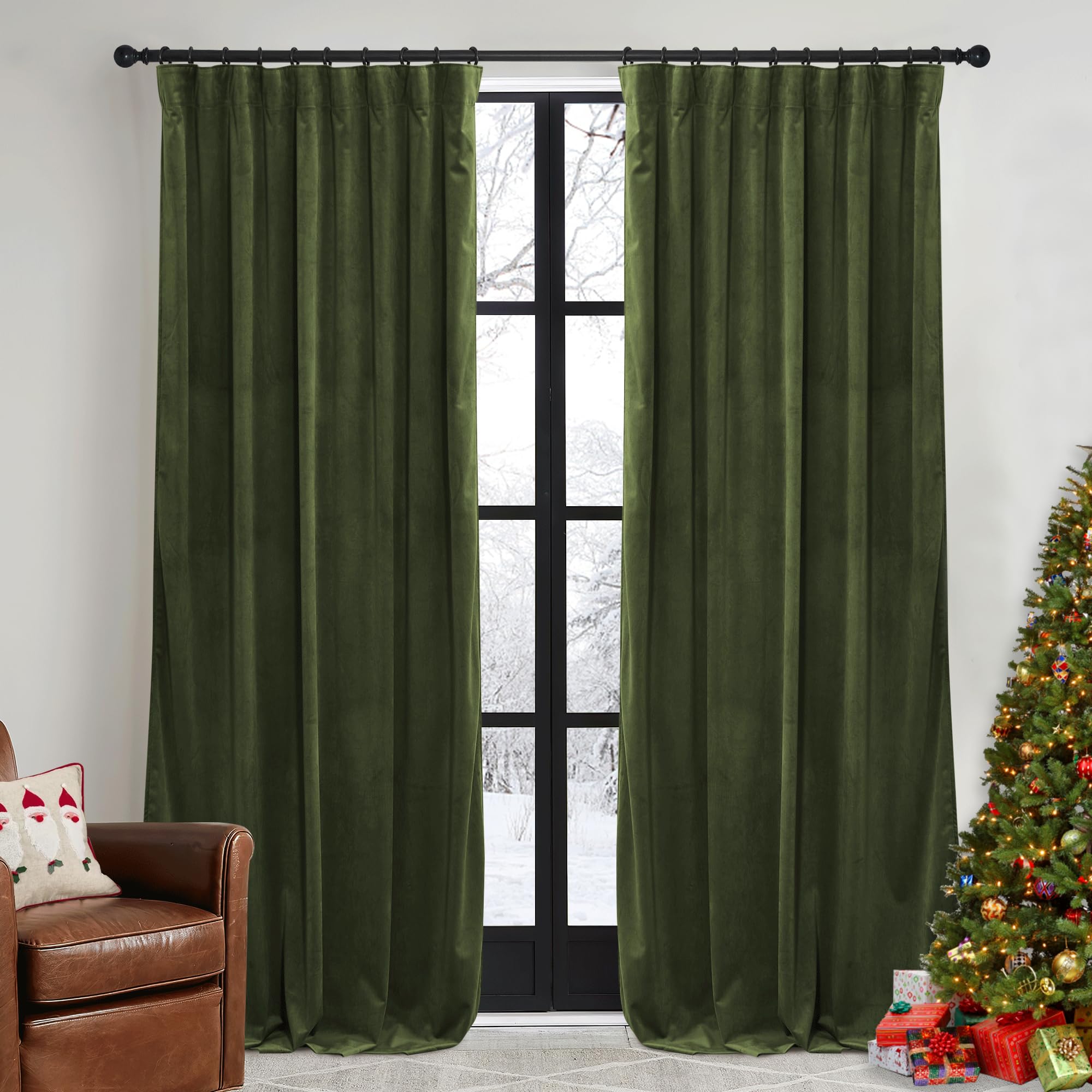 RYB HOME Olive Green Velvet Curtains 90 inches Long - Room Darkening Luxury Window Treatment Privacy Thermal Insulated Backdrops for Living Room, 52 inch x 90 inches, 2 Panels Set