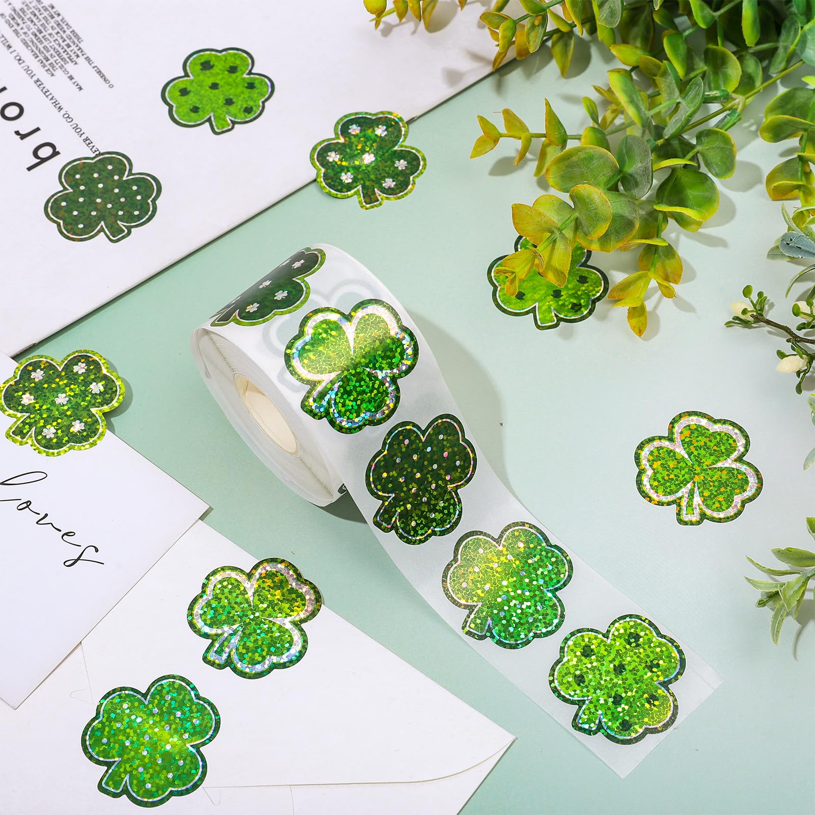 Whaline St. Patrick's Day Shamrock Stickers Roll - 500 Pcs Green Laser Pattern Clover Decals, Waterproof & Self-Adhesive