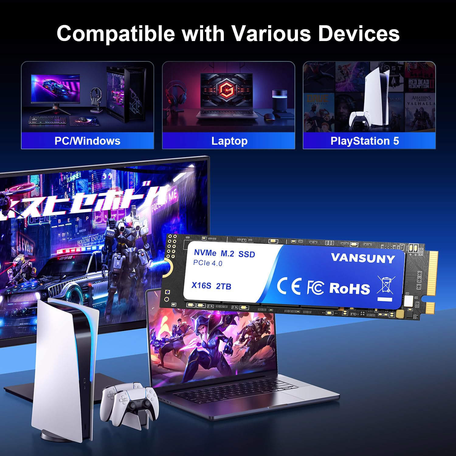 Vansuny Unità SSD NVMe M.2 da 2 TB, PCIe 4.0 M.2 2280, velocità fino a 7.300 MB/s con dissipatore di calore e cacciaviti per PC Gaming Design High End Computing