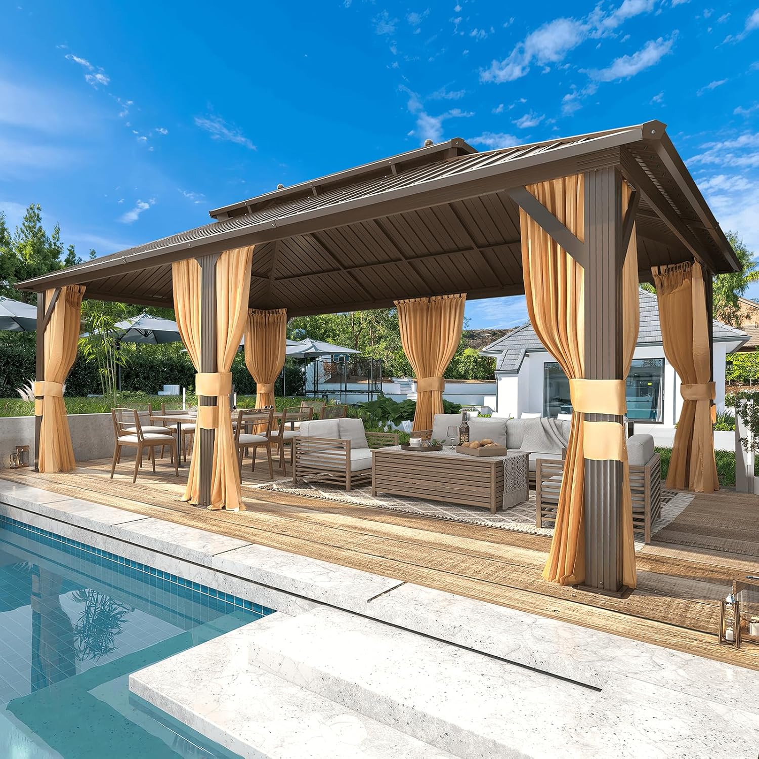 MELLCOM 12'x20' Hardtop Gazebo, Metal Double Roof Aluminum Gazebos with Curtain and Netting,Brown Permanent Galvanized Steel Pavilion for Patio, Lawn & Deck