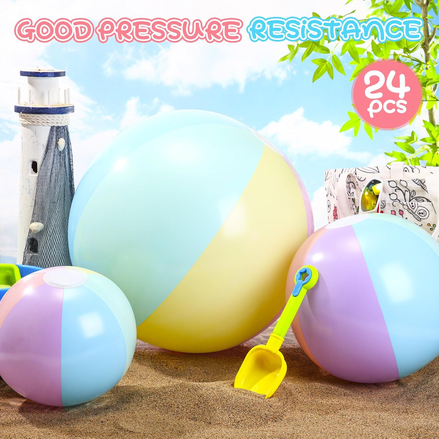 24 Pcs Inflatable Beach Balls Bulk Pastel Color Jumbo Big Macaron Beach Balls for Adults Summer Swimming Pool Water Games Party Favor(24,16,12 Inch)