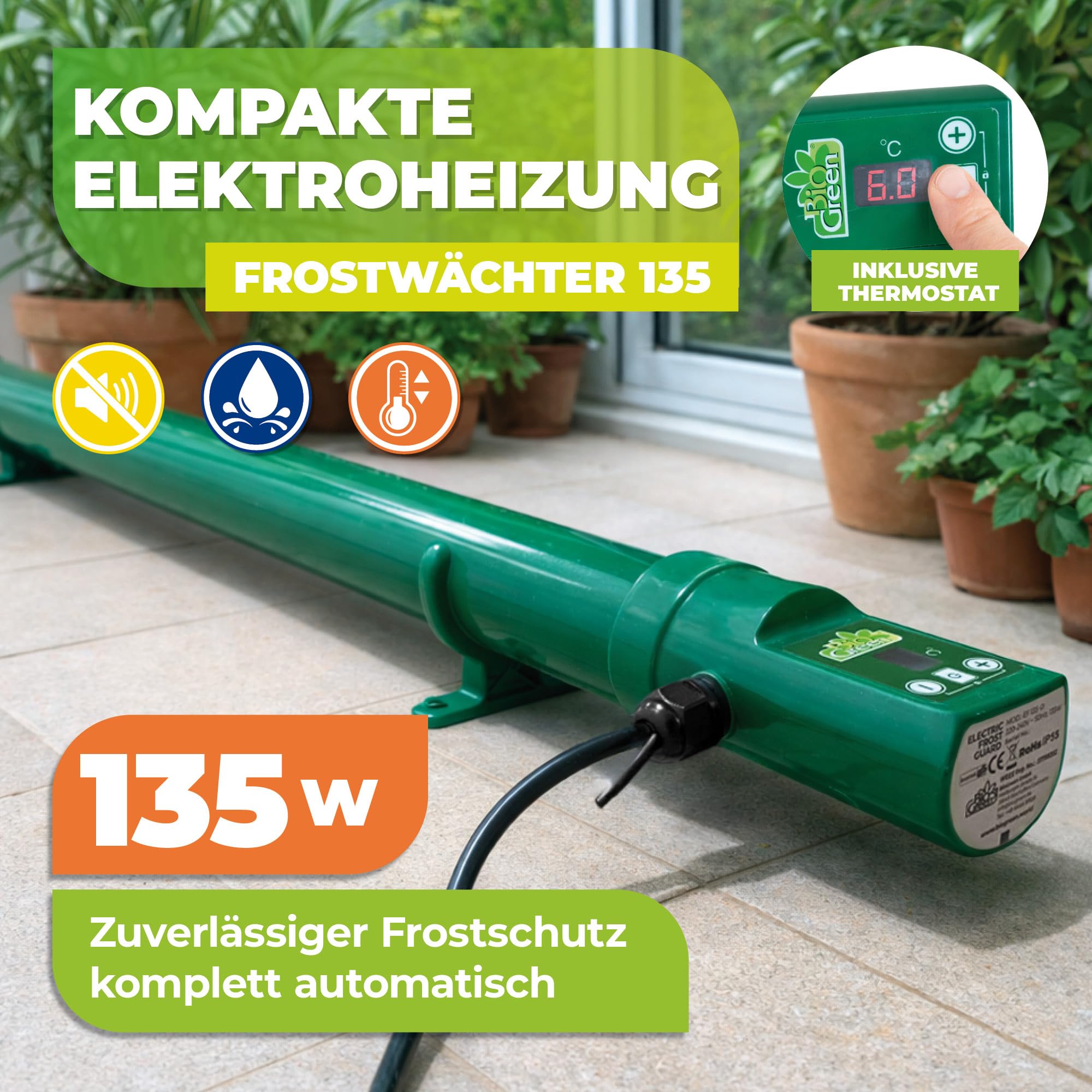 BioGreen elektrische Heizung für Gewächshäuser | Frostwächter inkl. Digitalthermostat | 135 W Gewächshausheizung mit Überhitzungsschutz | IP55