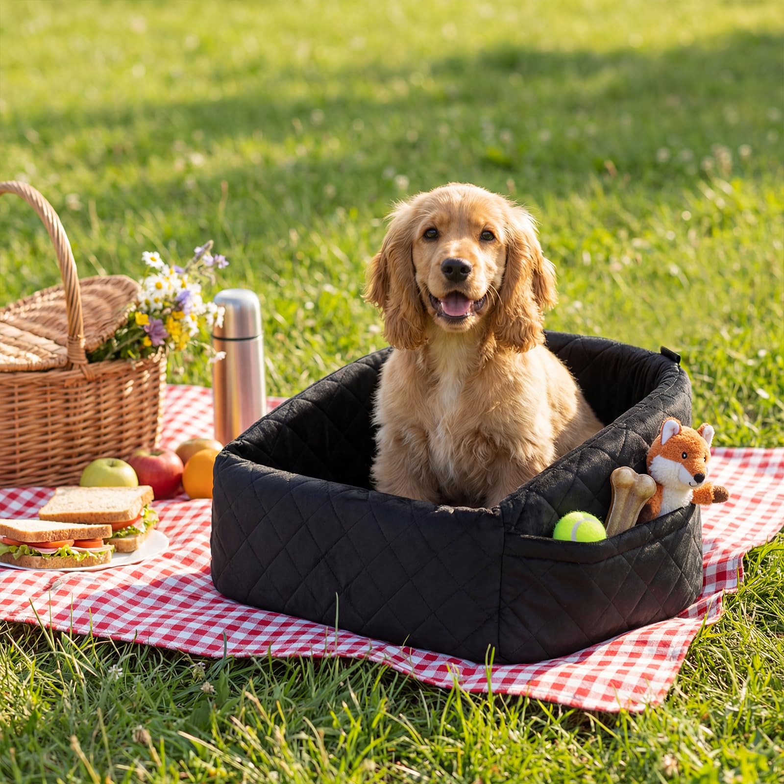 COSTWAY Asiento de Coche para Perros Pequeños y Medianos, Transportín Perro Coche con Correa de Seguridad, Bolsillos de Almacenaje, Base Antideslizante y Funda Lavable, 50 x 46 x 30 cm (Negro)