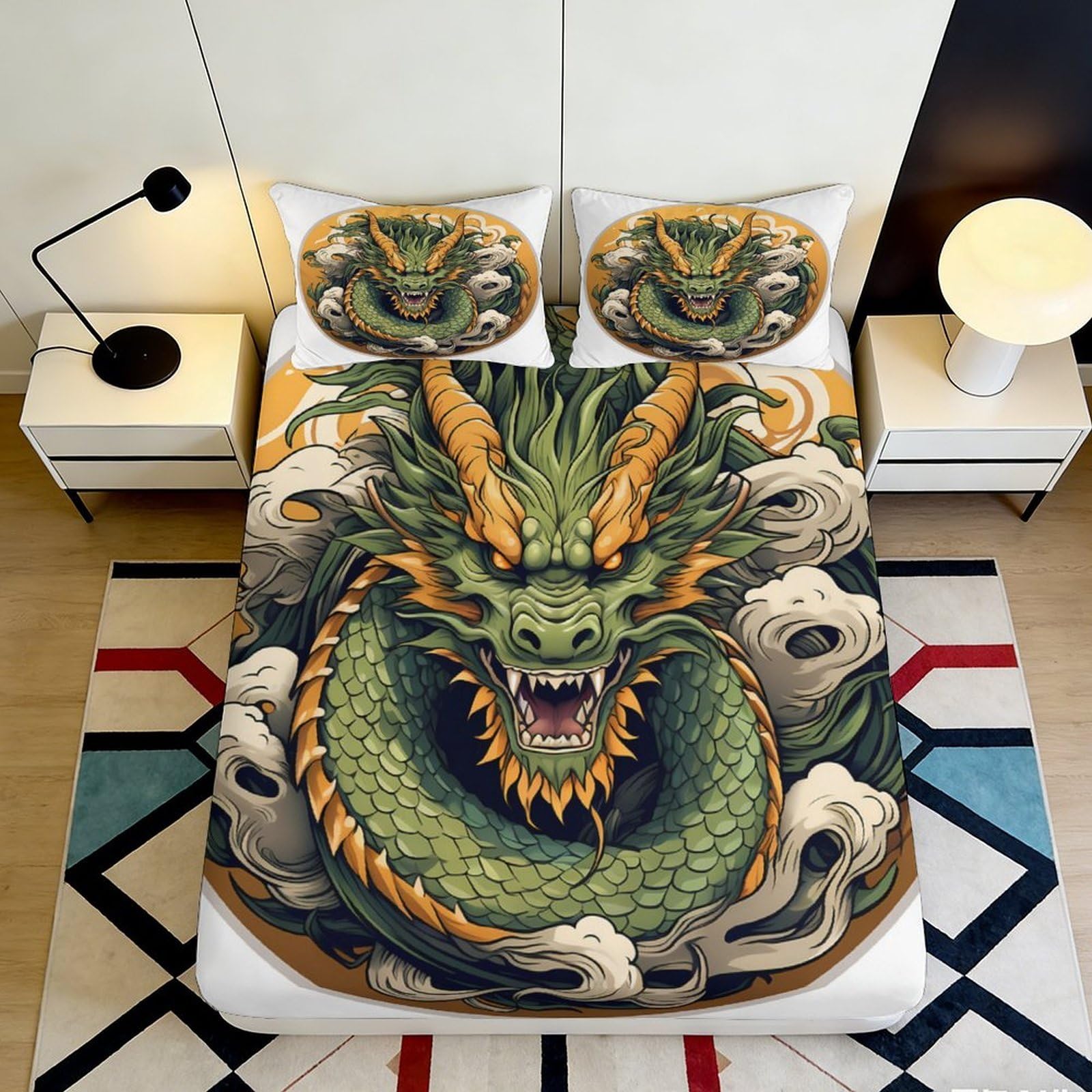 3D Printed Green Dragon Fitted Sheet Microfiber Anti-Slip Asian Myth Art Bed Cover for Bedroom Dorm Mattress Protection 90x200x25cm