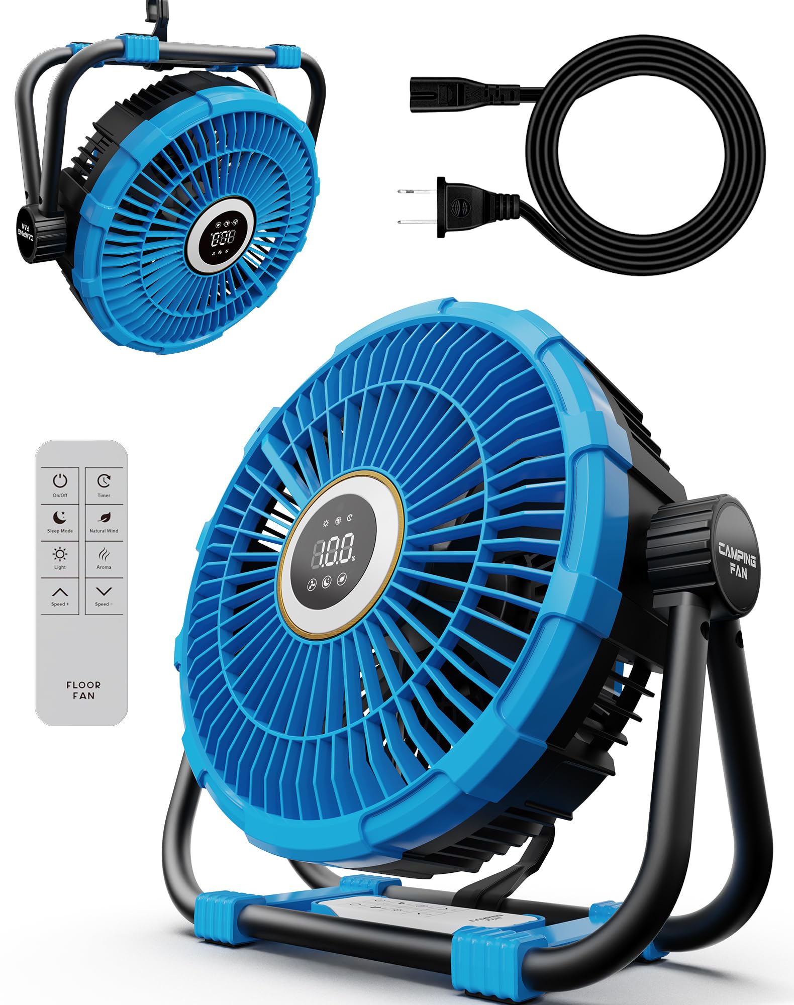 Photo 1 of Porairot Plug-in Camping Fan 270° Rotatable LED Hook Tent Fan Blue