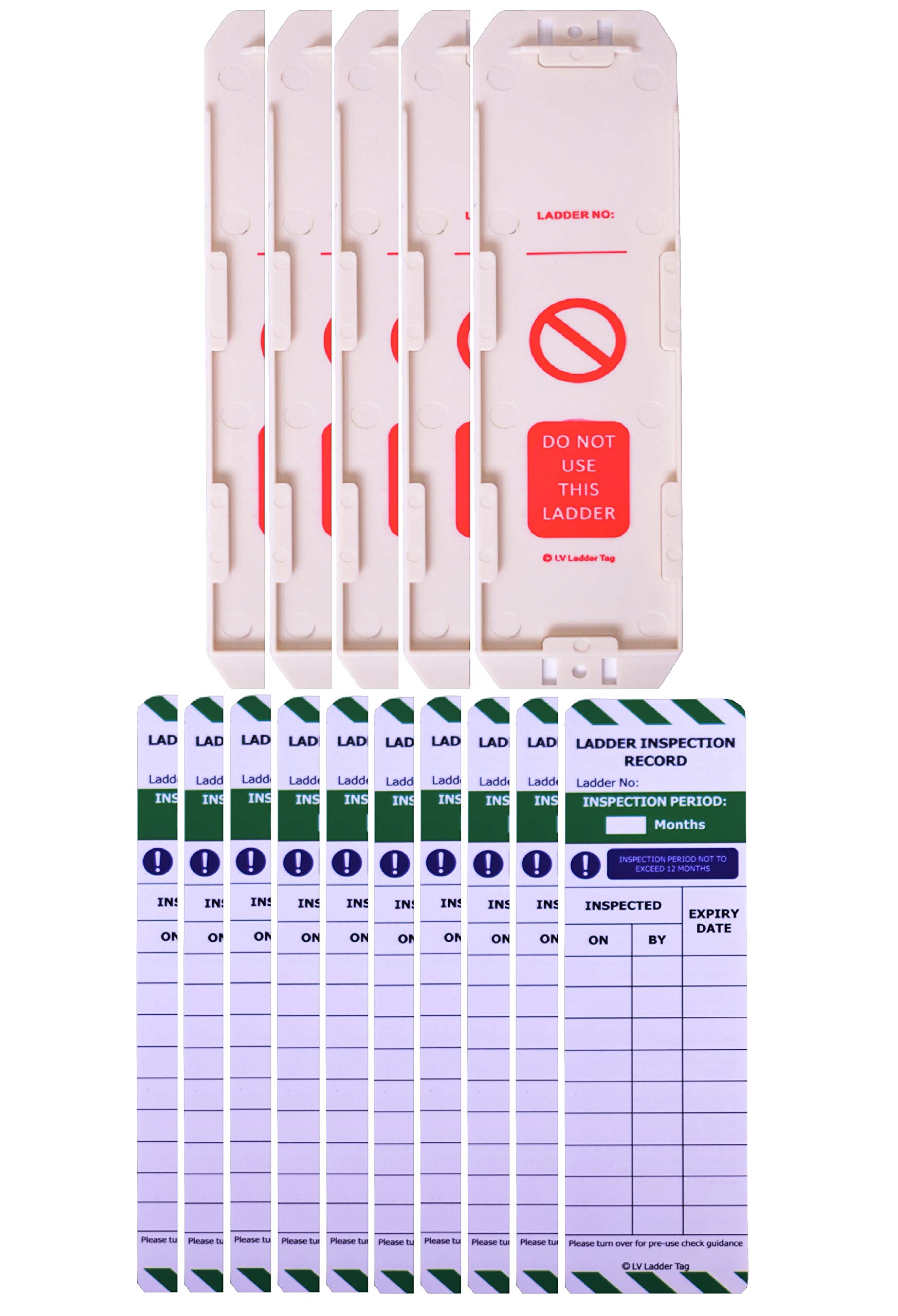 LIVELIFEBETTER® Ladder Tags - 5 Holders & 10 Ladder Inspection Tag Inserts - Fits all ladder types - Robust & Durable - Suitable for Indoor & Outdoor Use