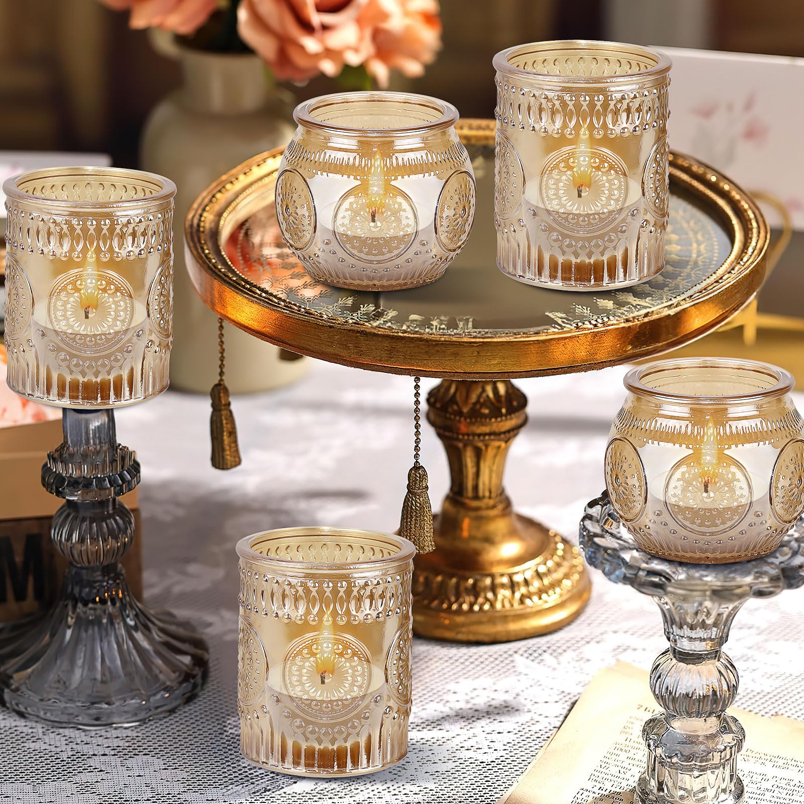 36er Teelichthalter Glas Gold, Vintage Kerzengläser für Hochzeit & Deko | Vintage Windlichter mit geprägtem Muster sorgen für warmes Licht bei Jubiläen, Geburtstagen, Feiern und festlichen Anlässen