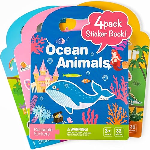 Play N Teach Libros de calcomanías para niños, paquete de 4 (animales, dinosaurios, insectos, animales del océano), 126 calcomanías reutilizables
