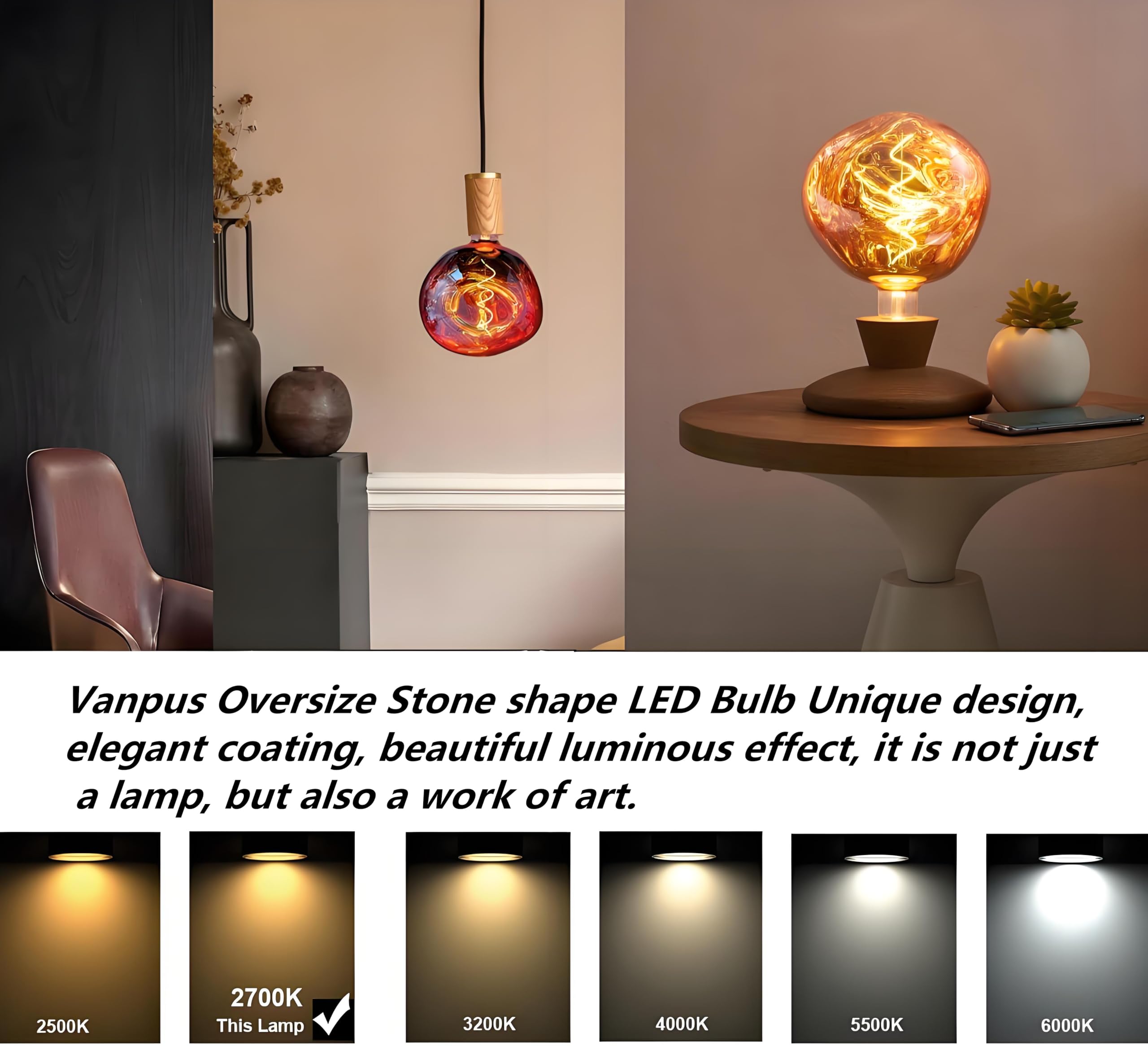 Übergroße Riesen LED-Lampe, 6W Große Edison-Birne, Dimmbar, ⌀200 Steinform Warmweiß 2700K, Roségold E27 Sockel, Flackerfrei, 1 Stück