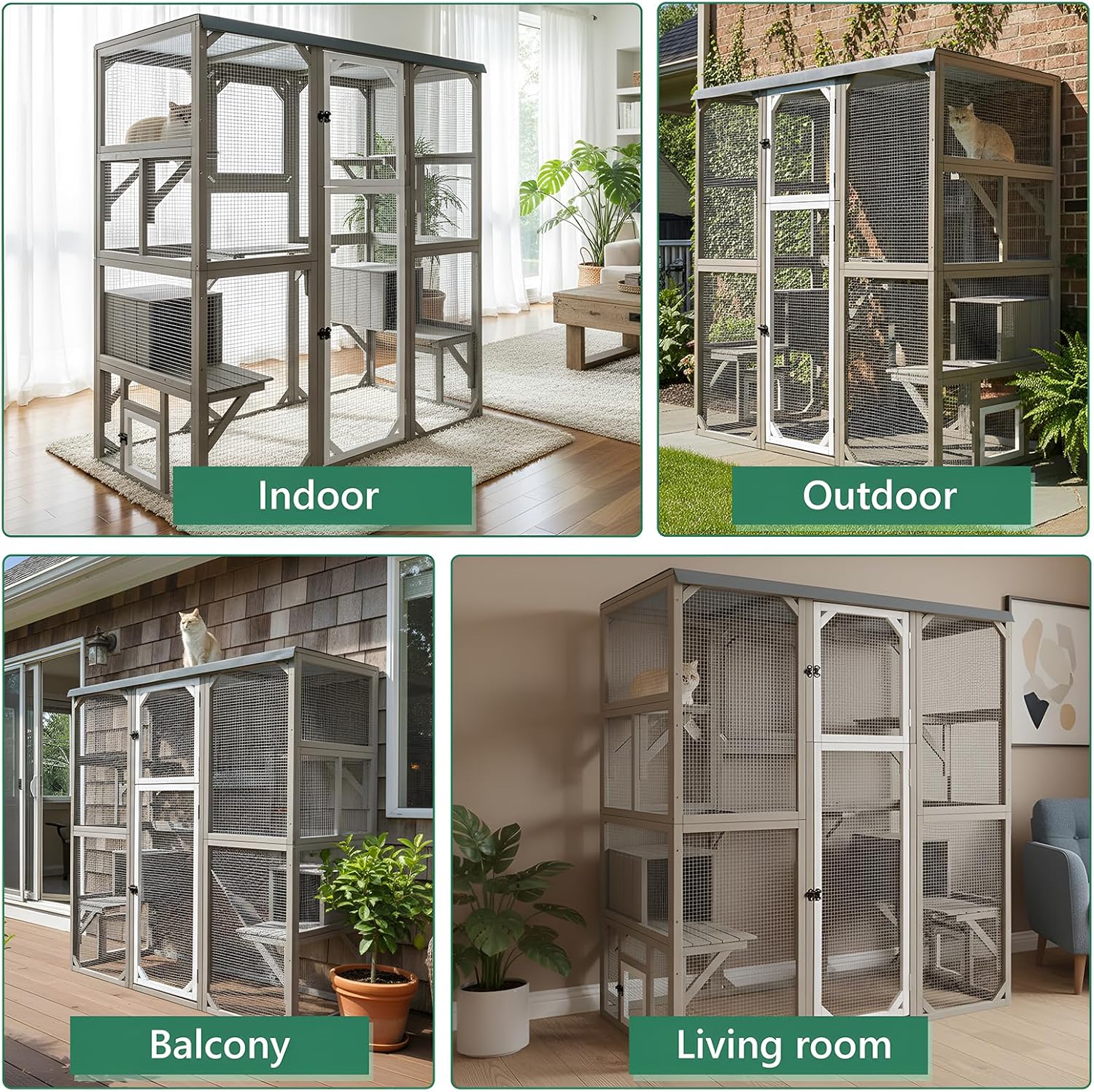 Large Outdoor Cat Catio Enclosures, Wooden Catio Window Cat Patio for Cats Feral with 5 Platforms, 2 Resting Rooms, Waterproof Cover