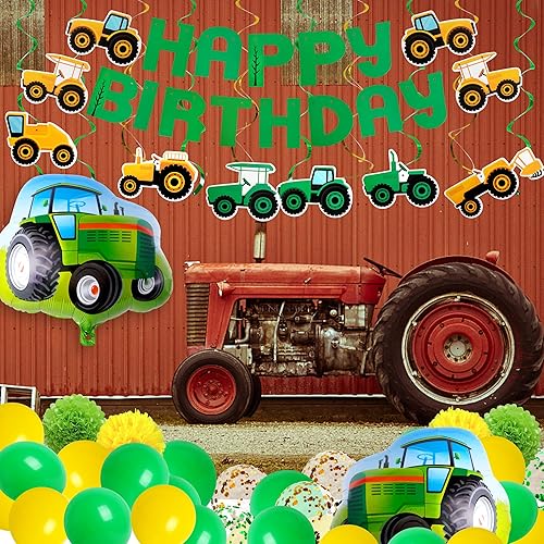 Miniatura 7 de 76 piezas de suministros de fiesta temática de tractor verde con guirnalda de globos de estandarte de tractor, remolinos colgantes y adornos para