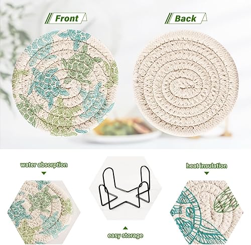 Miniatura 4 de innewgogo Turtles 6 Pcs Absorbent Drink Coasters for Tabletop Protection Handmade Round Woven Coaster with Holder & Heat Water Resistant Bulk Cup