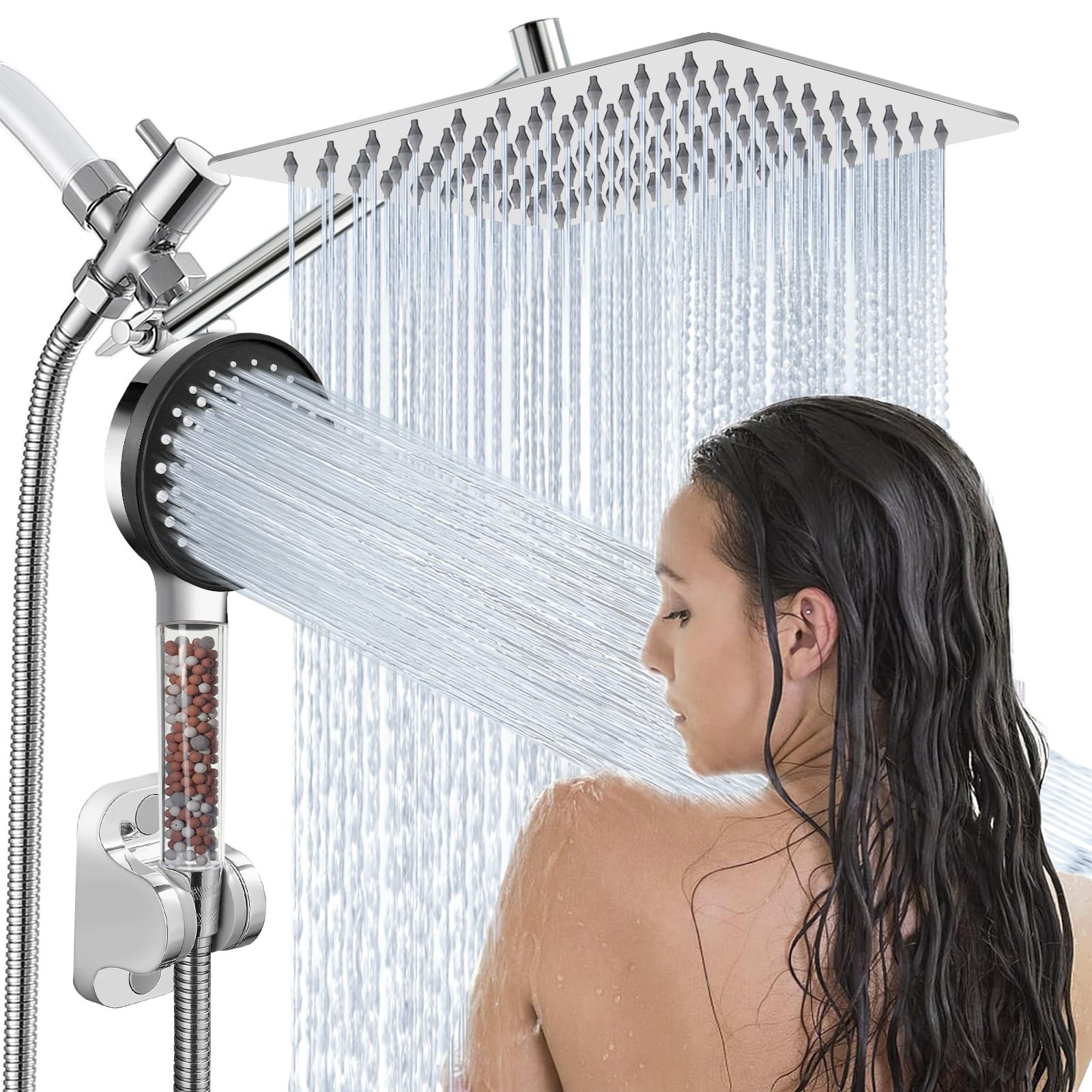 Filtered Shower Head,8”Rain Shower Head with Handheld Spray Combo with 11'' Angle Adjustable Extension Arm/Flow Regulator/Shower System,High Pressure Rainfall Shower Head Bathroom,Chrome