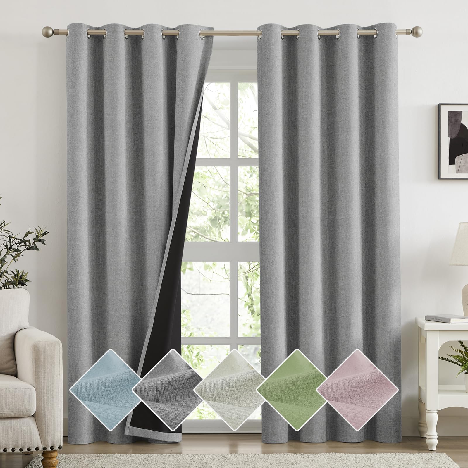 melodieux 100% blackout linen textured curtains, grey black out curtains 96 inch length thermal insulated drapes for bedroom/living room, grommet top and black back, 52" w x 96" l(2 panels)