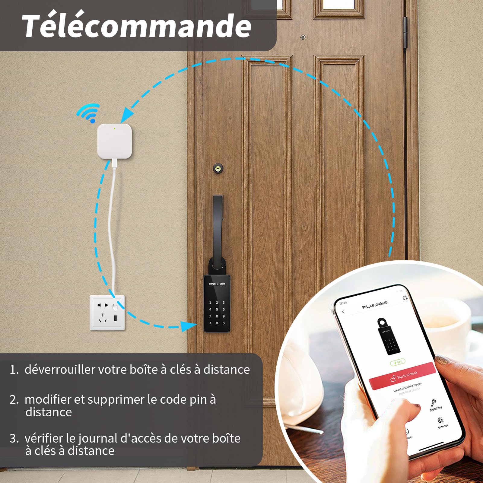 Populife Boite a Clef WiFi avec Passerelle, Contrôlable à Distance Boite a Clefs Securisee Exterieur Intelligente, Boite à Clé Bluetooth sans Fil Montable au Mur et sur Poignée, Étanche IP66