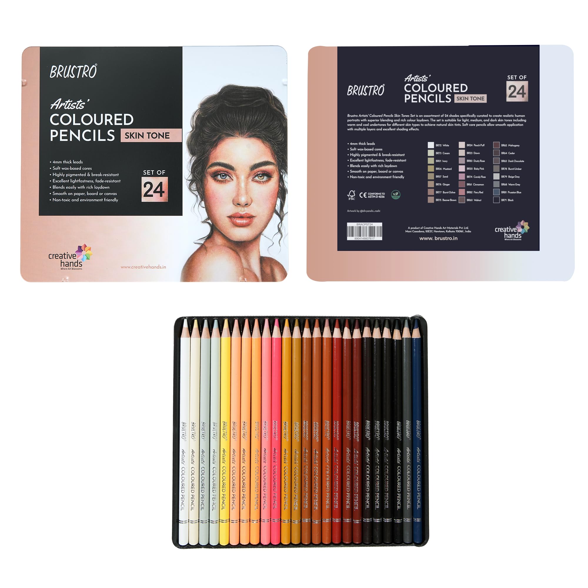 BRUSTRO Artist's Colour Pencil Skin Tone| Set of 24 (in an Elegant tin Box) | Ideal for Coloring, Vibrant Shades, Human face, Break & Fade Resistant, DIY Art,Highly Pigmented, Mandala, Portrait
