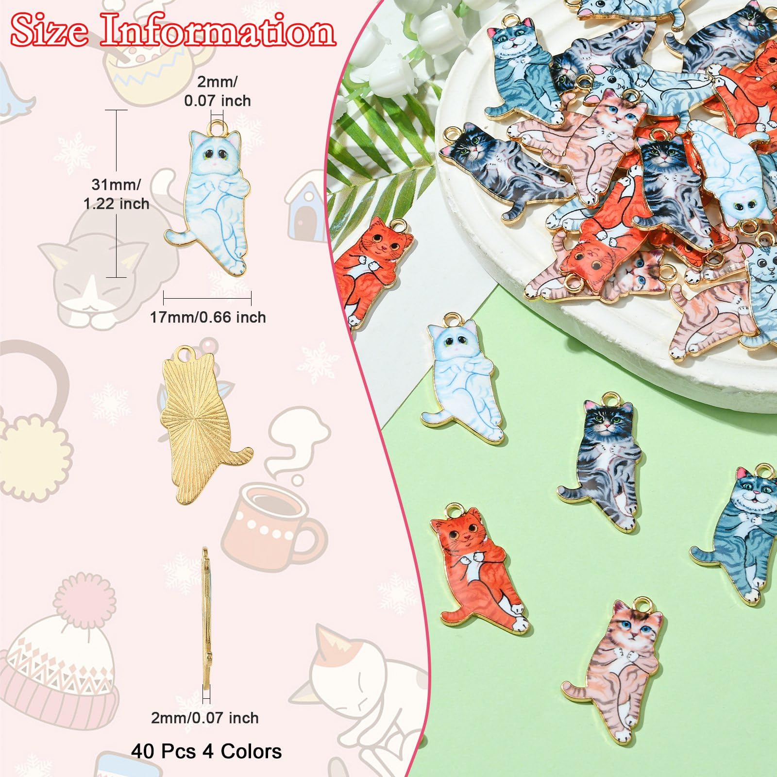 Stiesy 40Pcs 4 Colours Enamel Cat Charms Pendants Cute Standing Kitten Charm Colourful Printed Pet Animal Dangle Charms for Jewellery Making DIY Bracelet Crafting - Image 2