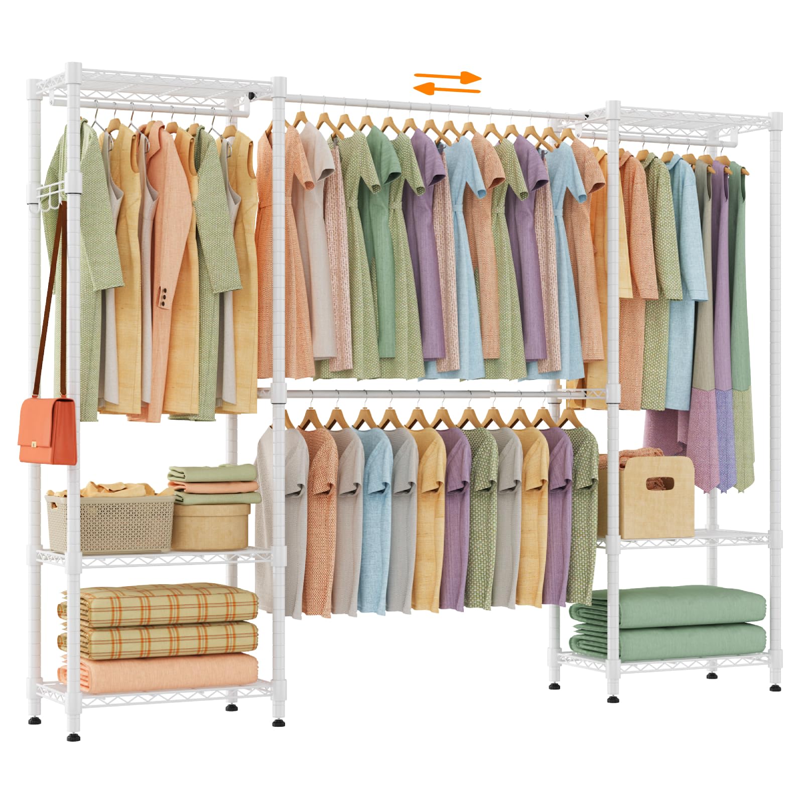 Himimi Perchero Telescópico con 4 Barras para Ropa, Armario Estable de Alta Capacidad con 6 Estantes Metálicos y 1 Gancho, Altura Ajustable, Sistema de Armario Abierto, A(182-240) x H180 cm Blanco
