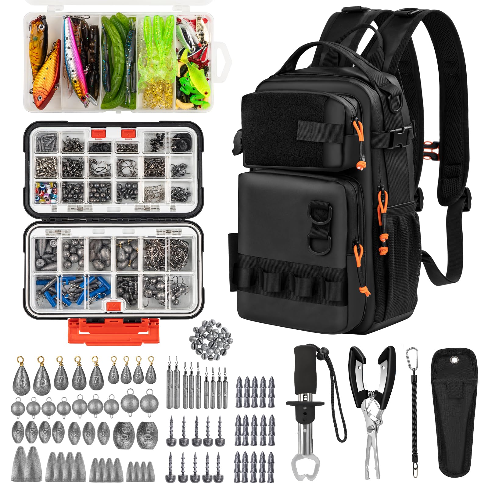 THKFISH Set di attrezzi da pesca da 462 pezzi, zaino e scatola da pesca con attrezzi da pesca, inclusi escha, ganci, piombo, set di accessori, pinze, pinze per labbro, attrezzatura da pesca e regalo