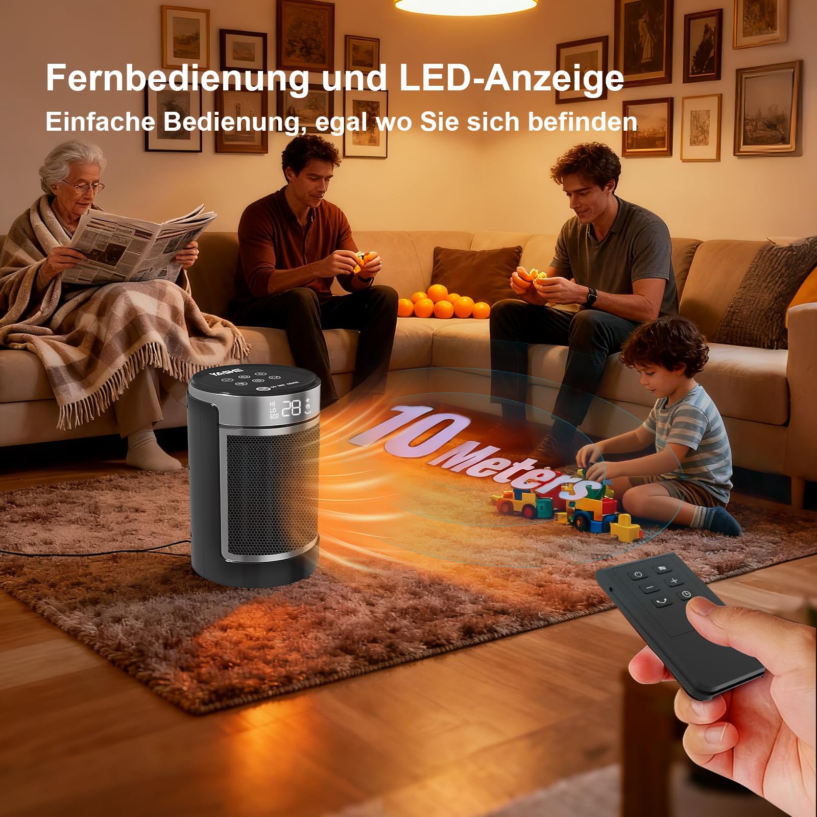 YASHE Heizlüfter 1500W/750W, 34 dB leise, PTC-Keramik, Thermostat 5–36 °C (±1°), 70° Oszillation, 24 h Timer, ECO/HI/LOW/FAN, Fernbedienung, Kippschutz, Überhitzungsschutz, V0, für Schlafzimmer