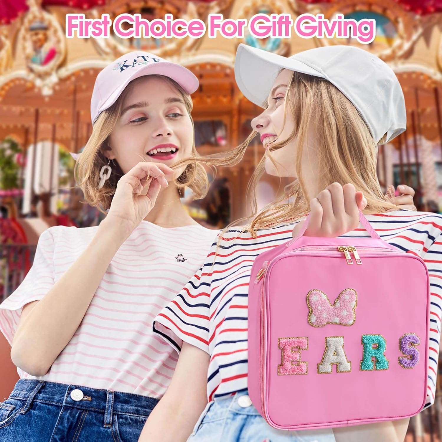 Chenille Letter Bow Mouse Ears Travel Case, Park Ears Headband Holder Hair Accessories Organizer Waterproof Bag for Girls Women Kids Adults, Large Makeup Bag Snack Bags with Zipper for Travel Picnic