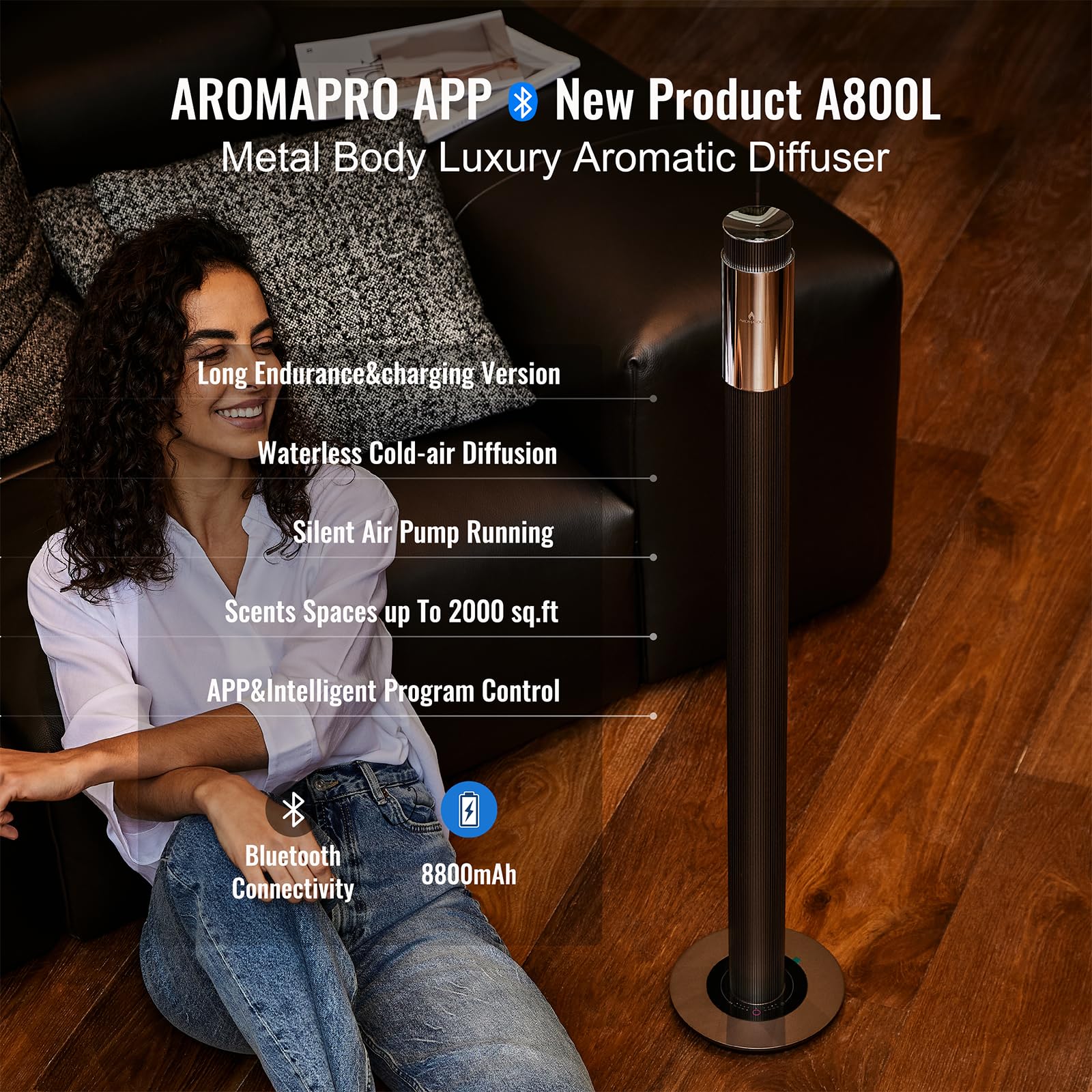 40-inch Large Waterless Essential Oil Diffuser, Hotel Collection Scent Diffuser,8800mAh Built-in Battery, App Control,Scent Machine for Home,2000Sq.Ft Coverage, for Home, Office,Hotel,Spa,Brown