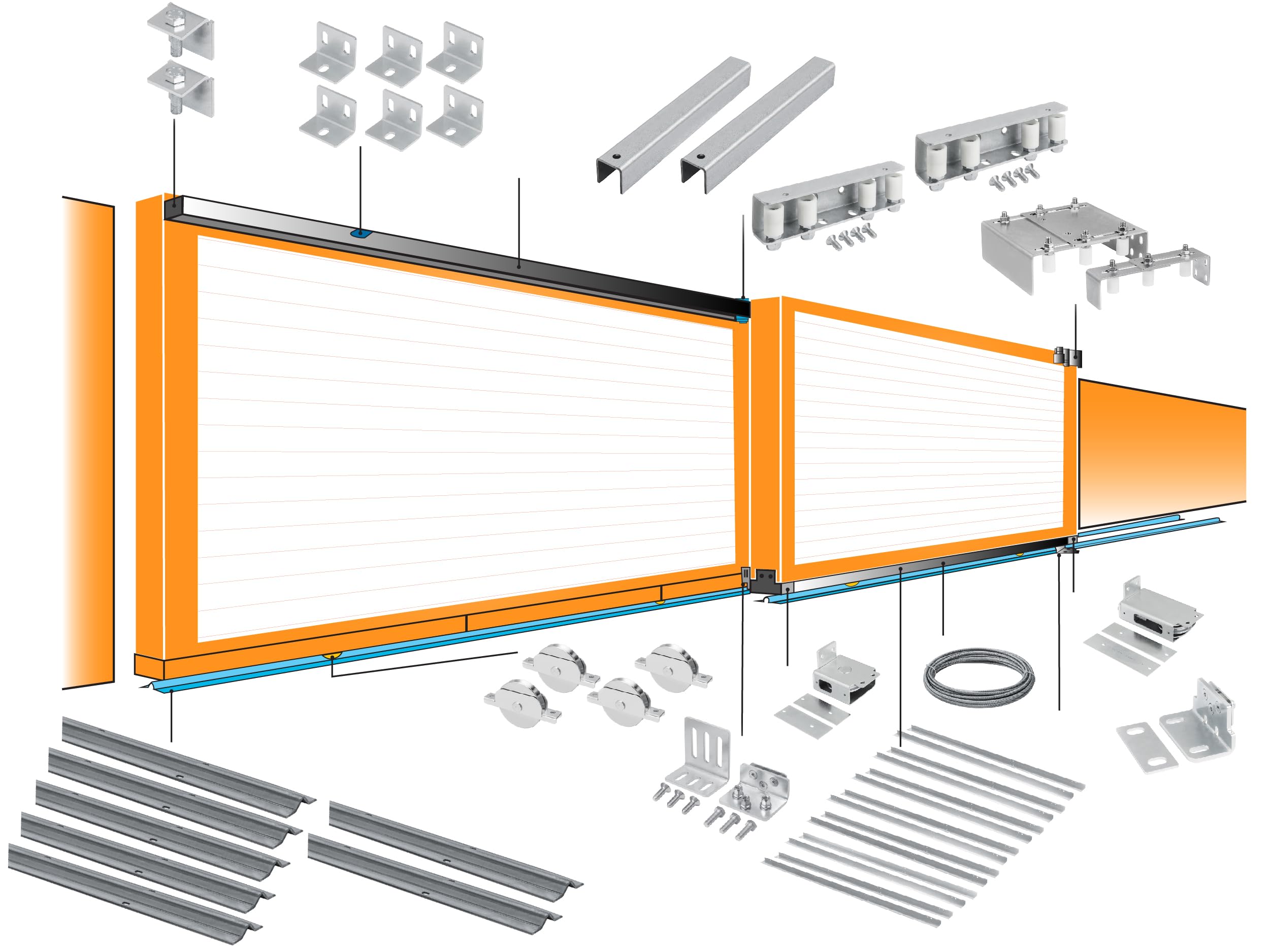 Explotat view of Beninca Telescopic Sliding Gate System Hardware components with part numbers