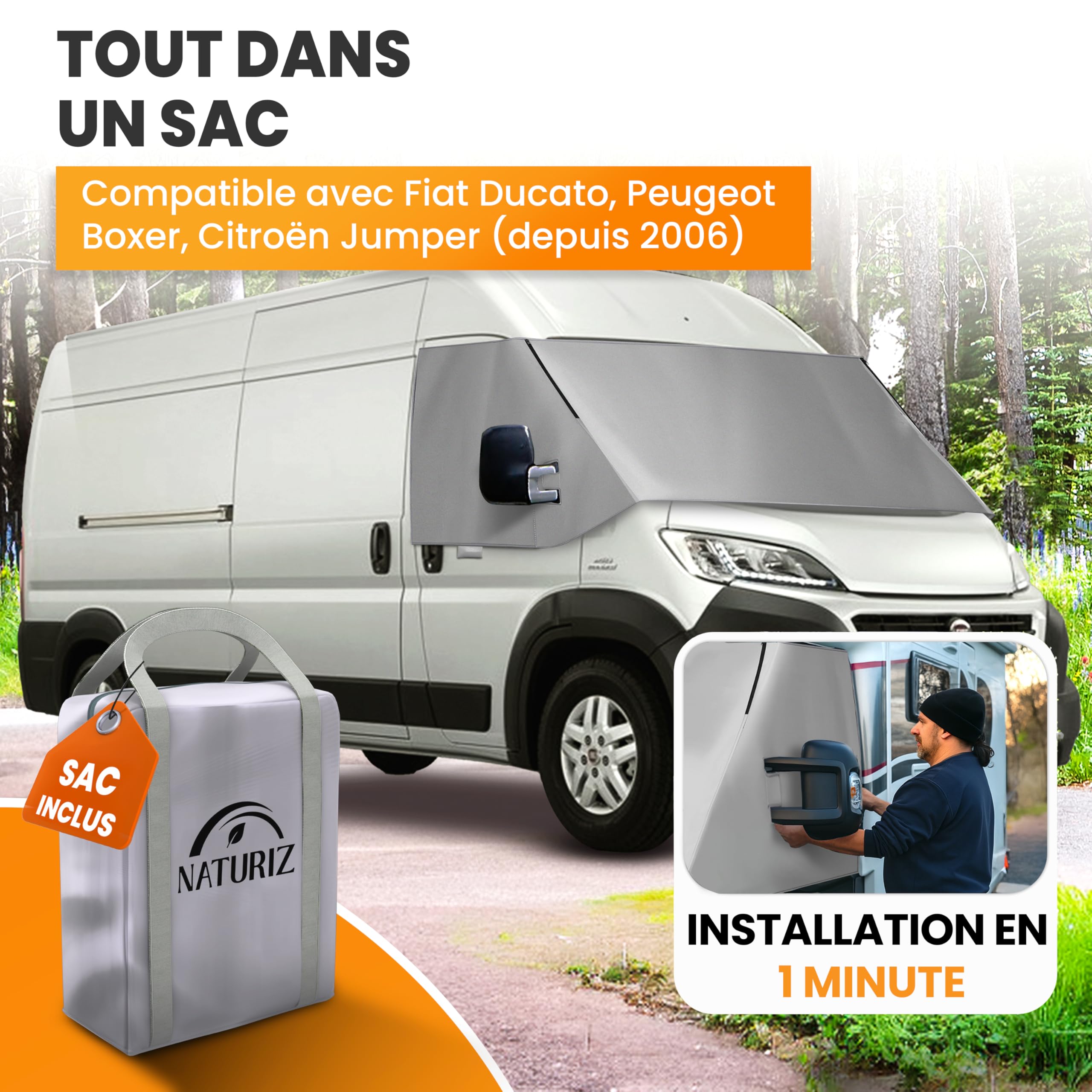 NATURIZ FIAT Ducato Housse de pare-brise - Tapis thermique extérieur de qualité supérieure résistant aux intempéries avec protection solaire efficace pour camping-car - Convient pour Ducato, Jumper