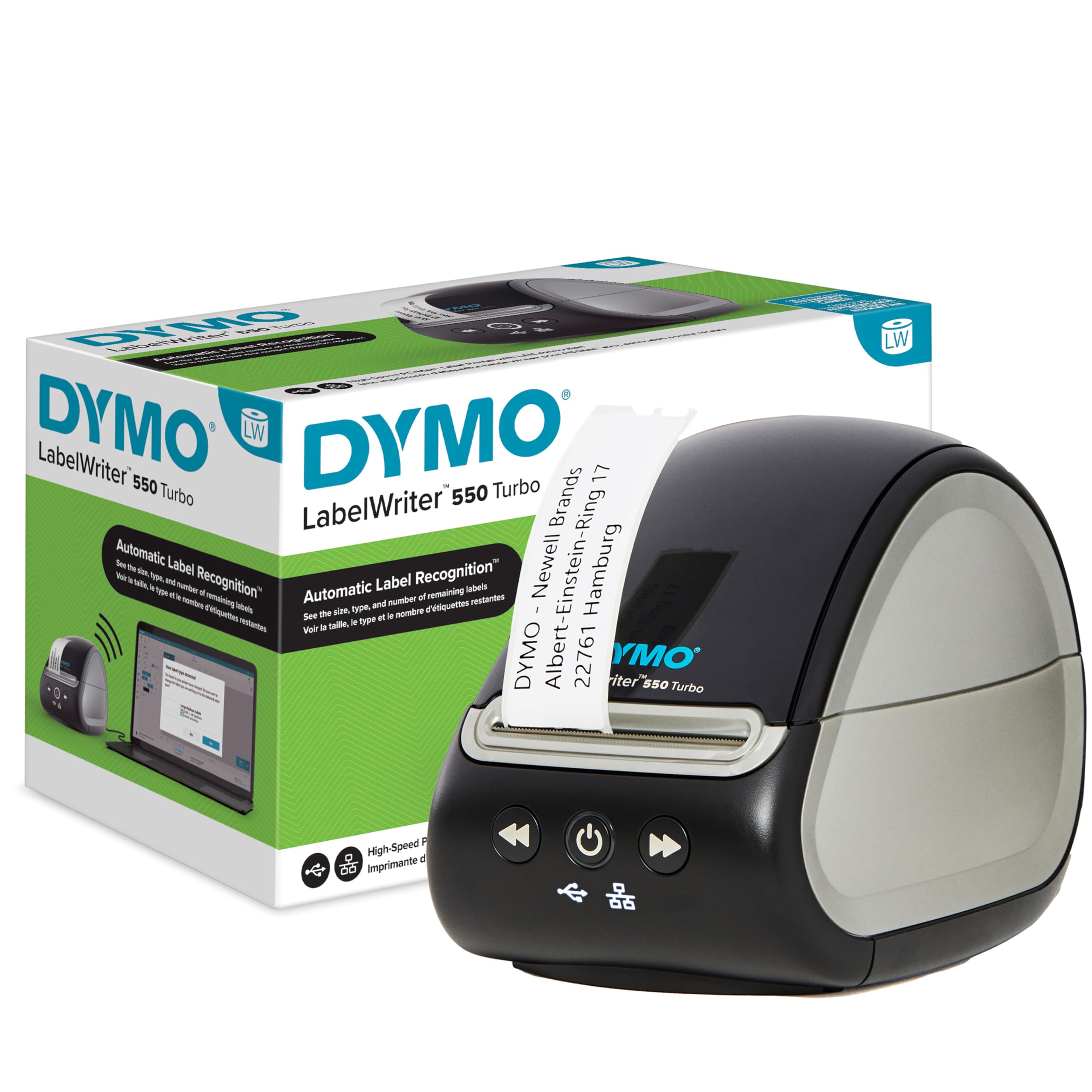 DYMO Etikettendrucker LabelWriter 550 Turbo | Beschriftungsgerät mit Hochgeschwindigkeits-Thermodirektdruck | automatische Etikettenerkennung | druckt mit USB-/LAN-Anschluss | EU-Stecker