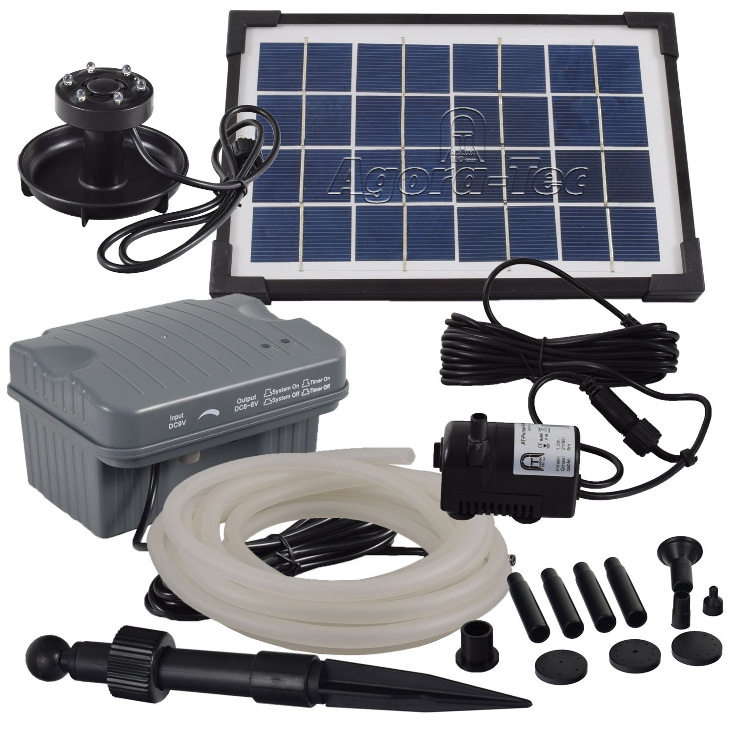 Agora-Tec® AT-Solar Bachlaufpumpen - Set 3.5W-BLH mit Akku und 3- Fach LED Ring inklusive 5 Meter Bachlaufschlauch und LED Halterung, Hmax.: 210l/h Förderhöhe: 1,00 m bei Verwendung eines Schlauches