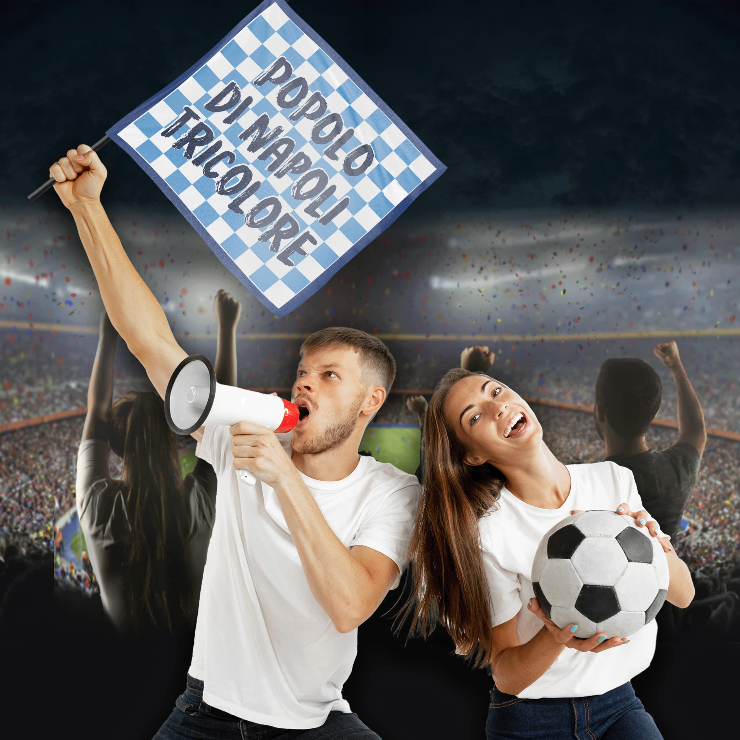 Bandiera 4° Scudetto Popolo di Napoli - Bandiera "A Scacchi" 60x60 cm - Gadget 4° Tricolore - Regalo Tifoso Calcio