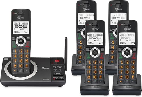 AT&T Teléfono doméstico inalámbrico DECT 6.0 expandible de 5 teléfonos con pantalla grande, botones grandes, contestador, bloqueador de llamadas