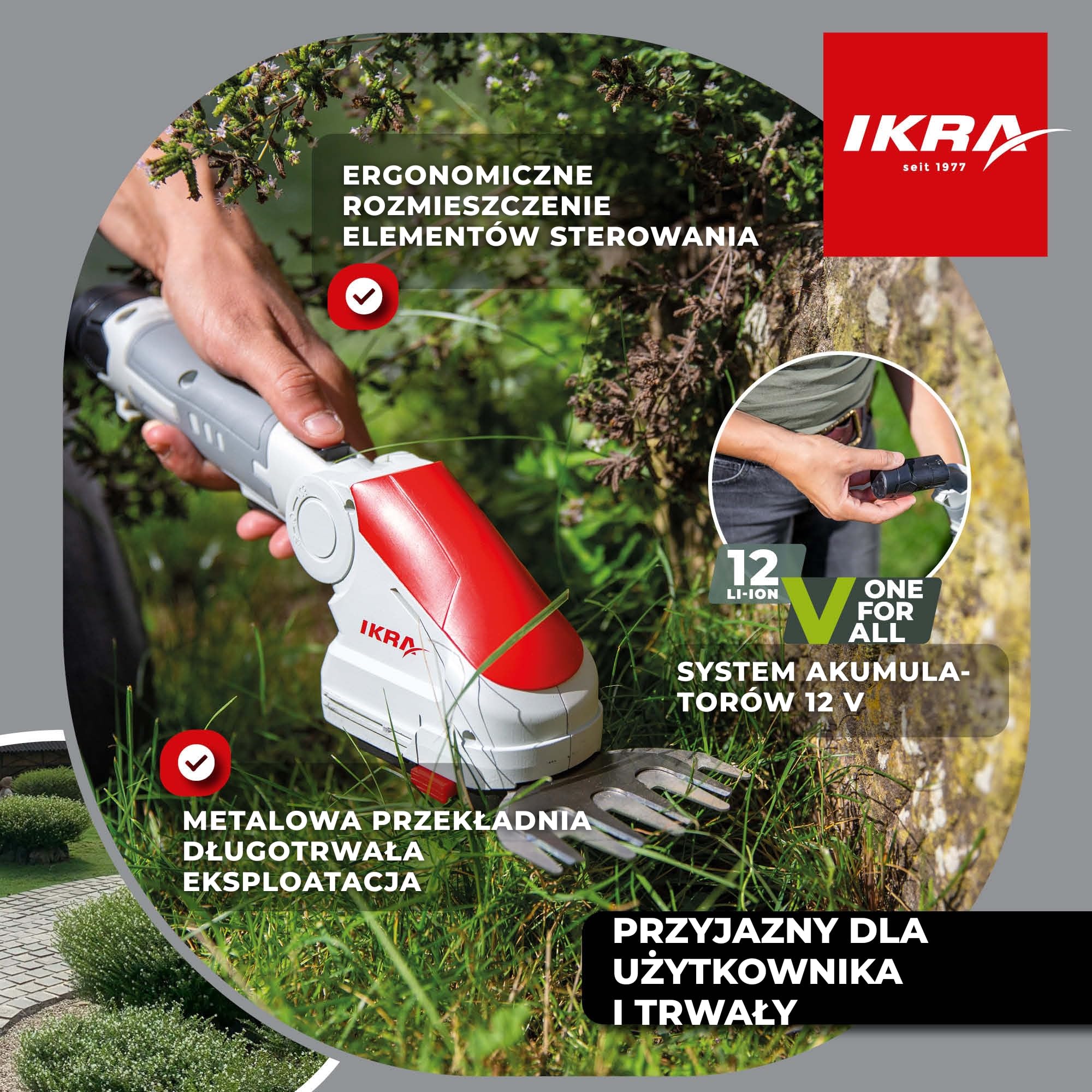 IKRA Nożyce akumulatorowe 2w1 do trawy i krzewów IGBS 1210 torba w zestawie | Akumulator 12V i ładowarka w zestawie, 7-stopniowa regulacja uchwytu,ostrze Made in Germany,kompatybilność IKRA 12V