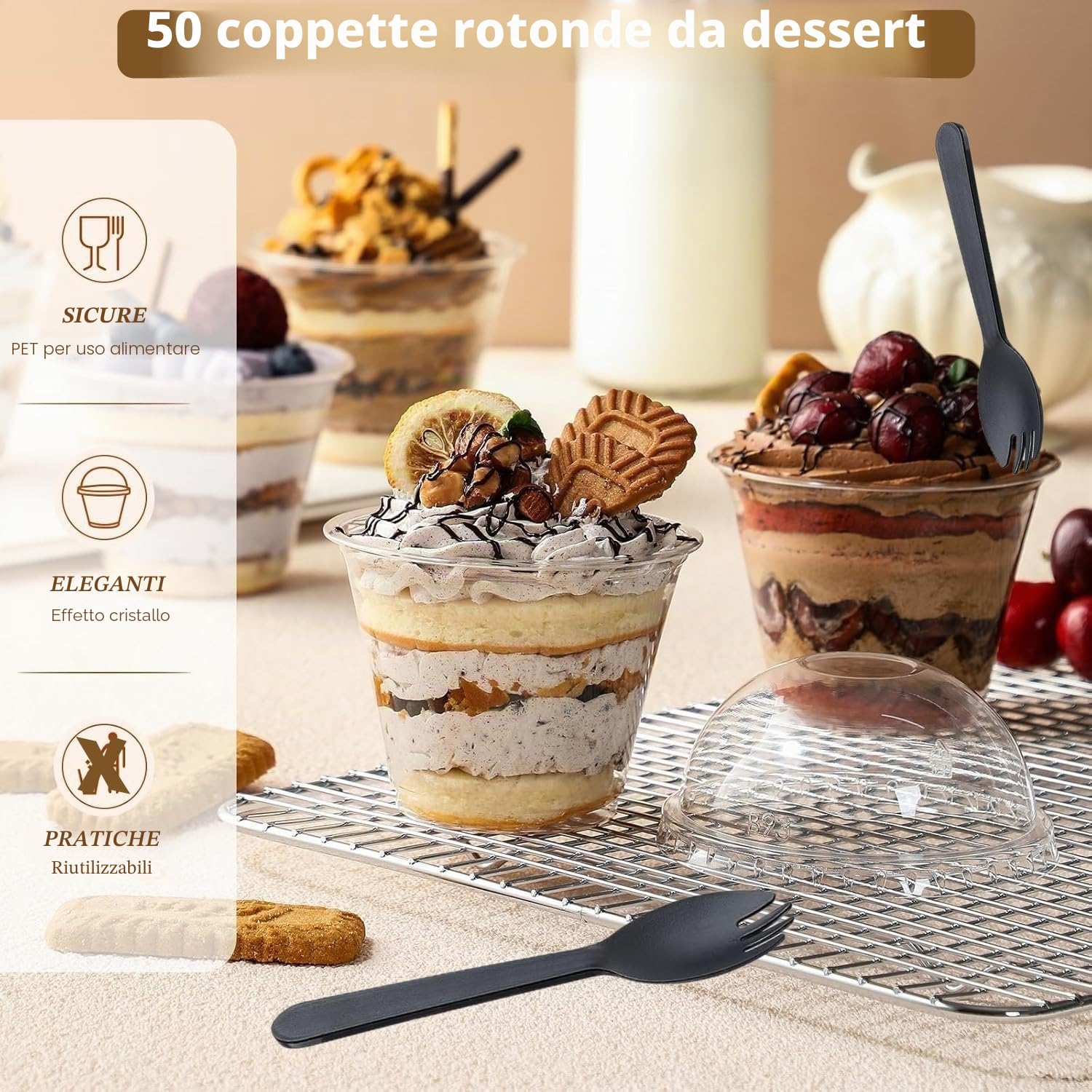 LATERN 50 Pezzi Bicchieri da Dessert in Plastica con Coperchi a Cupola, 270ml Rotonde Tazze da Dessert Coppa Trasparente per Antipasti Parfait Ciotola da Portata Riutilizzabile con Forchette