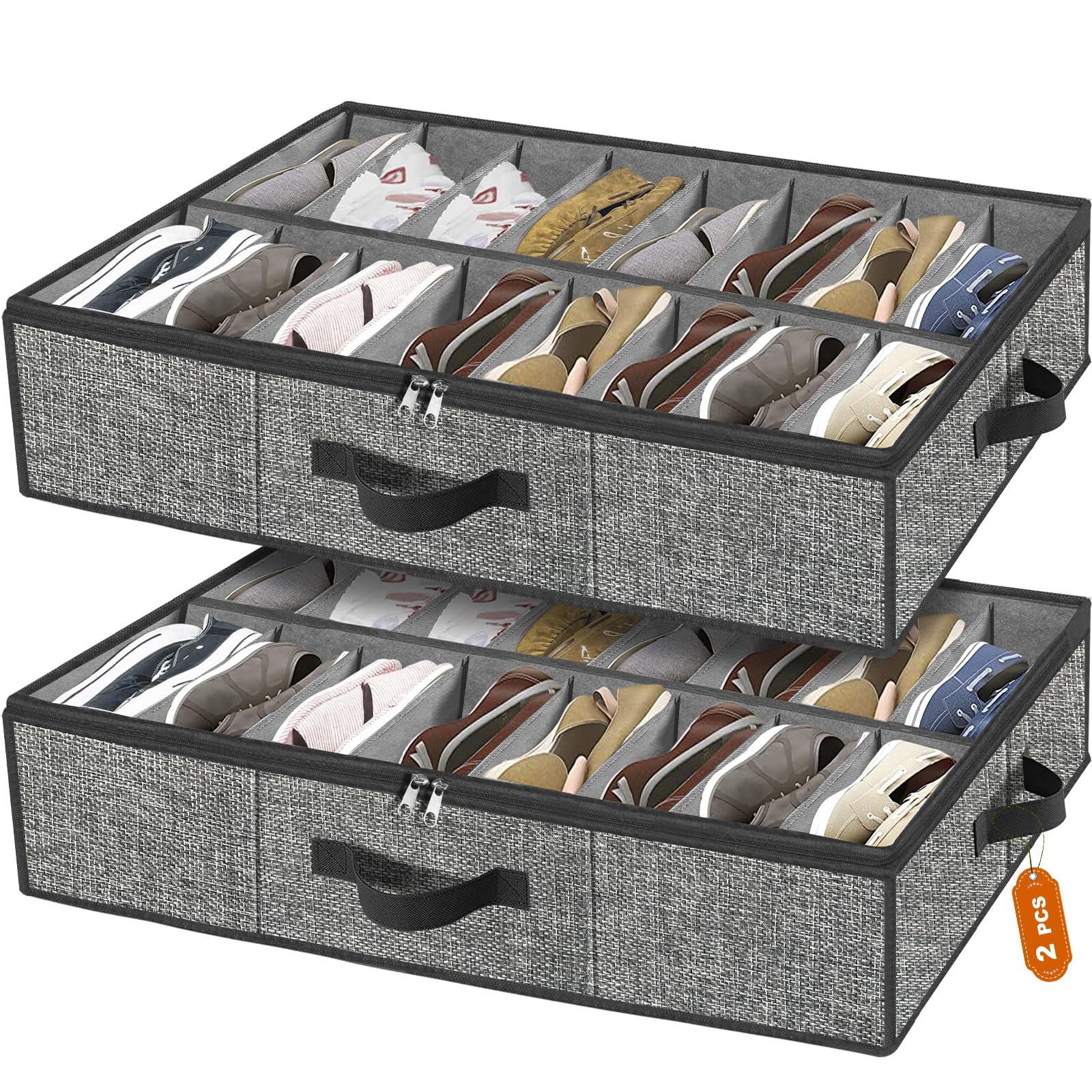 Shoe Storage Organizer Under Bed, Extra Large Shoe Container with Clear Cover & Zippers, Breathable Fabric Underbed Storage Solution for Sneakers, Slippers, Closet, Durable (16+16, Dark Grey)