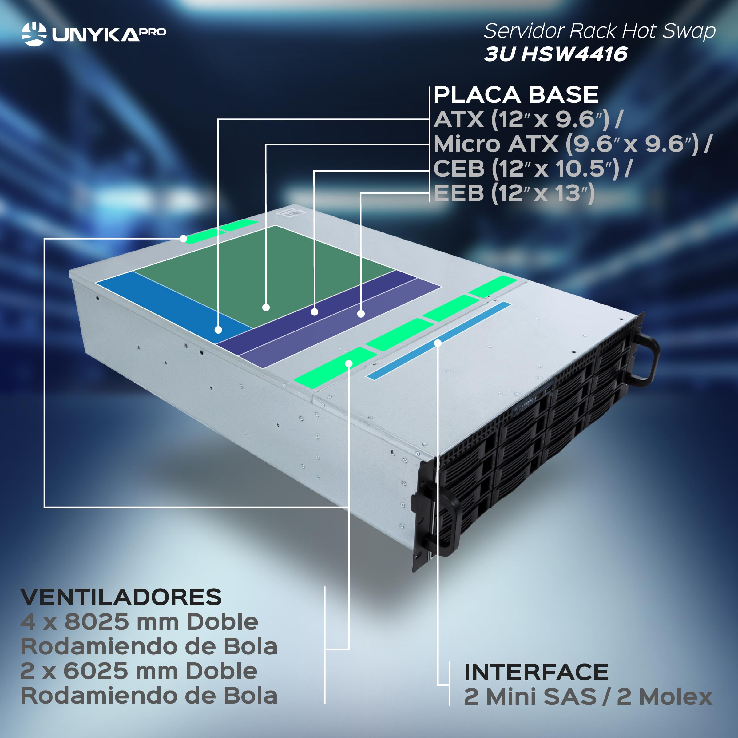 UNYKAch Chasis Rack Hot Swap ATX 3U HSW4416 | Sustitución de Bahías en Caliente, 16 Bahías para Discos de 3,5″ o 2,5″, 4 Ventiladores de 80 mm, 2 de 60 mm