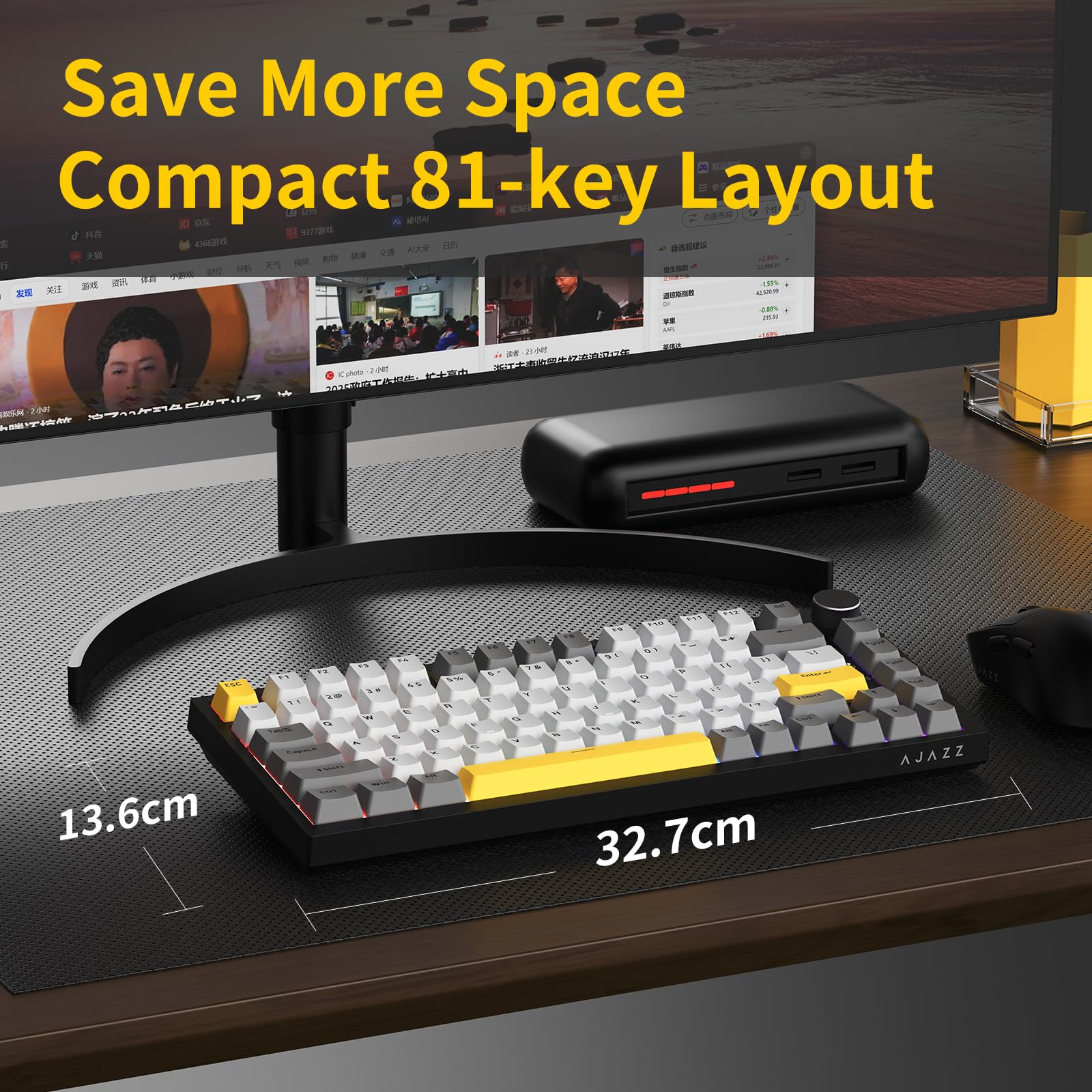 AJAZZ AK820 Wired Mechanical Keyboard, 75% Gaming Keyboard with Volume Control Knob, PBT Keycaps, 82 Keys, Five-Layer Sound Insulation Pad, South-Oriented RGB, Full-Key Hot Swap, Grey White Yellow
