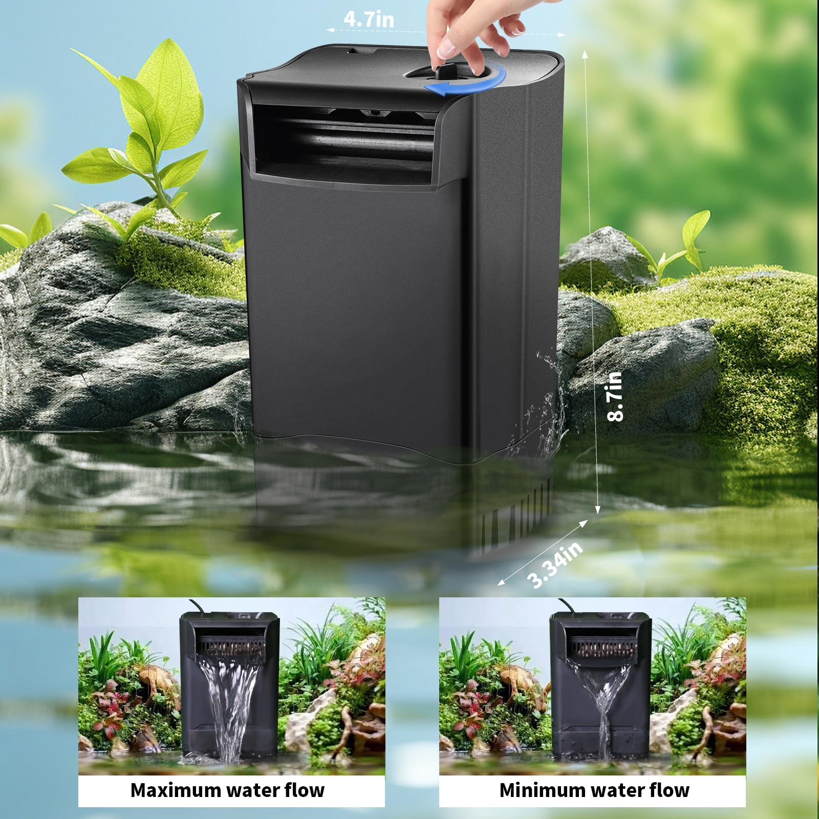 Filtre de réservoir de Tortue réglable pour Aquarium - Silencieux - Filtre Cascade en 3 étapes - Faible Niveau d'eau pour Reptiles, crevettes, Grenouilles
