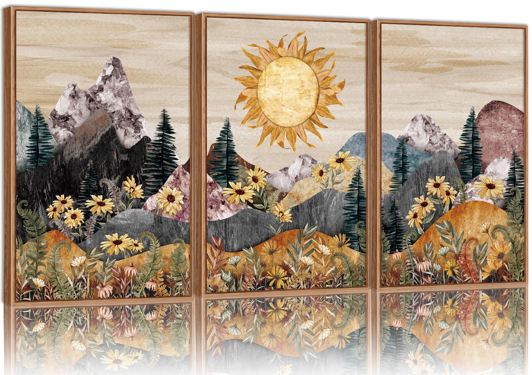 Photo 1 of Rantodecor Boho Mountain Framed Canvas Wall Art, Western Daisy Floral Landscape Wall Decor, Rustic Fern Flowers Art Painting, Modern Fantasy Nature Sun Artwork for Bedroom Living Room Office 24"x36"x3