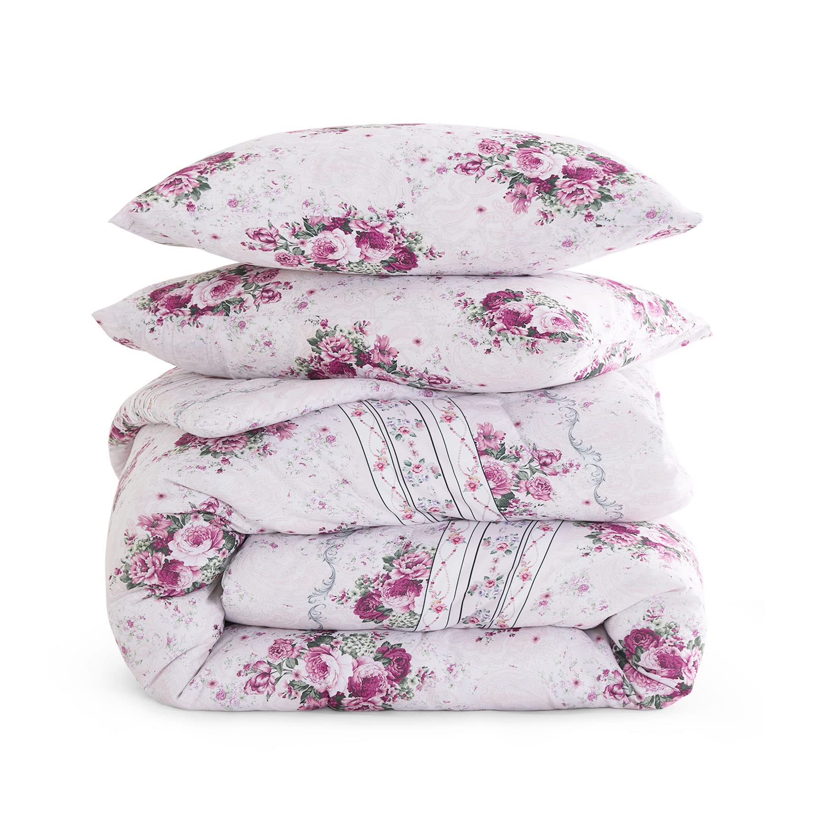 Wake In Cloud - Floral Comforter Set, Coquette Cottagecore Aesthetic Flower Shabby Chic Pattern for Women Teen Girls, Soft Lightweight Bedding, 3 Pieces, Blue Pink, Queen Size
