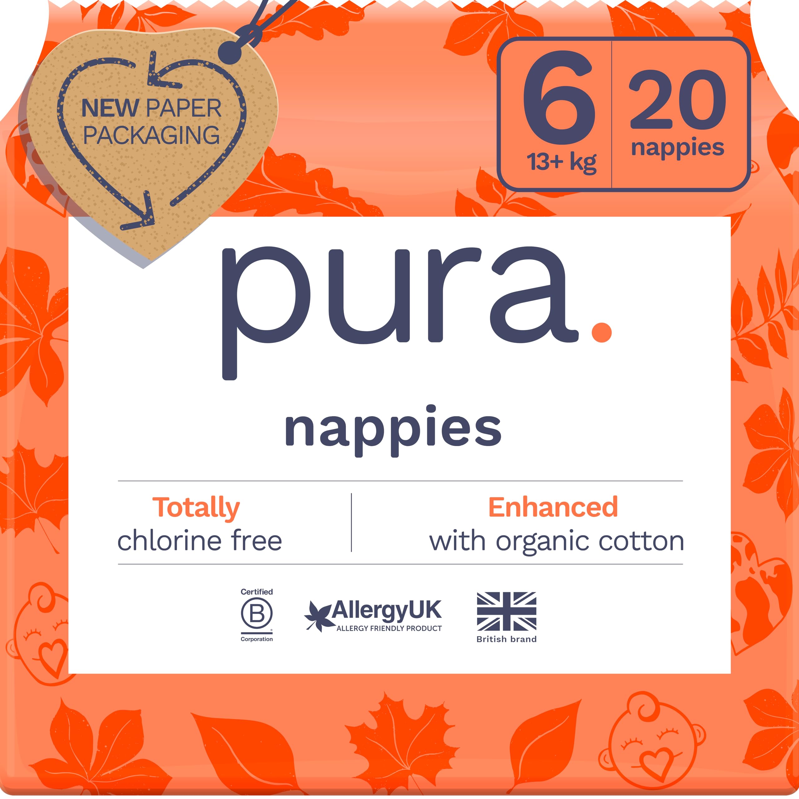 Pura Eco Baby Nappies - Size 6 (13kg+ / 29lbs+), 1 Pack (20 Nappies), Ultra Soft Nappies for Sensitive Skin, Organic Cotton, Up to 12hrs Leak Protection, New Size Guide