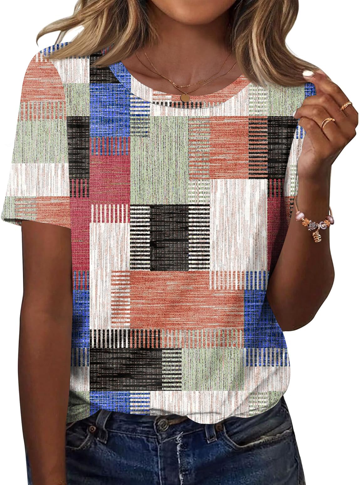 TCOT Women's Tops Summer Short Sleeve Crew Neck Shirts Dressy Casual Blouses for Women S-3XL