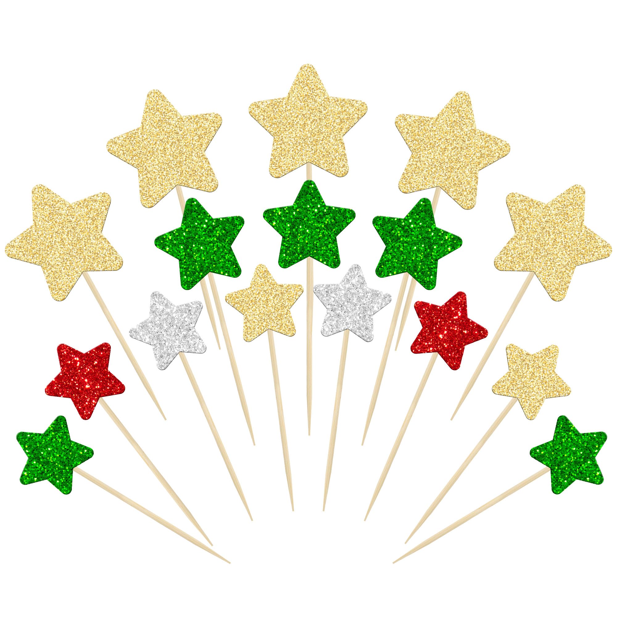 Gyufise 42Pcs Mixed Size Little Star Cupcake Toppers Glitter Twinkle Star Cupcake Picks Christmas Party Cake Decorations for Xmas Day Party Favors Supplies Gold Green Red Silver