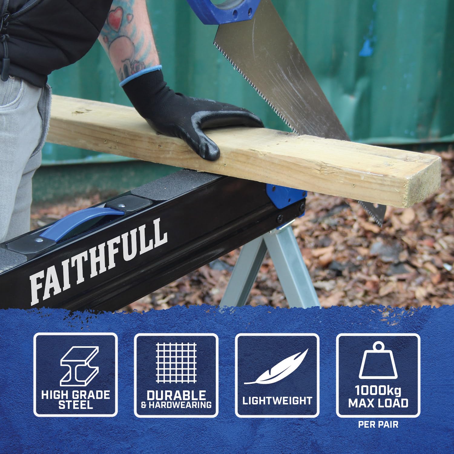 Faithfull Chevalet de sciage pliable – Lot de 2 chevalet de sciage en acier de haute qualité avec capacité de 1000 kg, surface antidérapante, supports amovibles, bras de support et poignée de