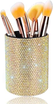 WONGS Luxury Bling Metal Aluminum Crystal Makeup Brush Holder Organizer Storage Cosmetic Tools Eyebrow Pencil Eyeliners, Multifunctional Handcrafted Rhinestones Pen Holder for Home Office - Gold