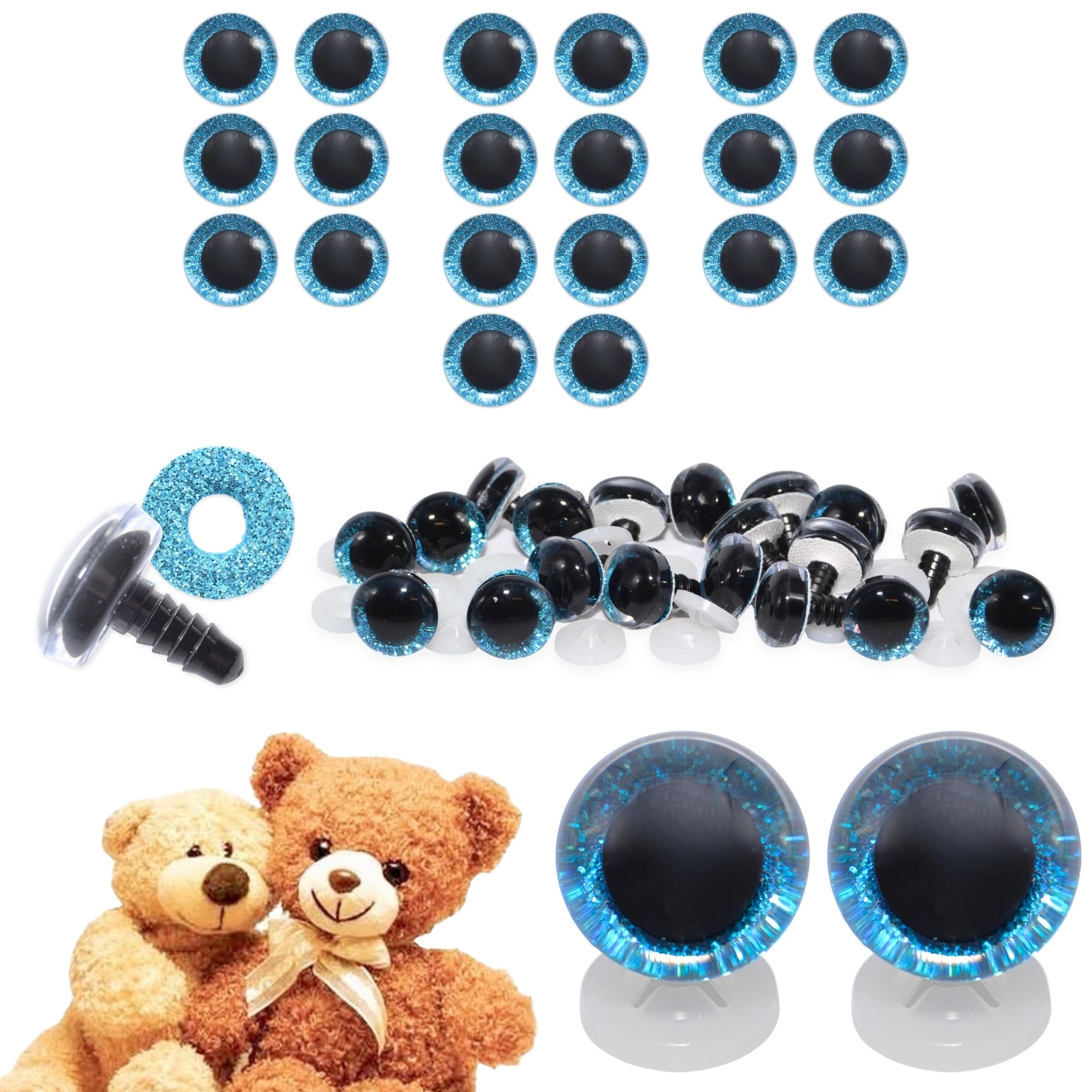 celloexpress 16mm Blue 3D Glitter Eyes with Plastic Backs - Sparkle Safety Eyes for Soft Toy Teddy Bear Animal Making (Pack of 10 Pairs)