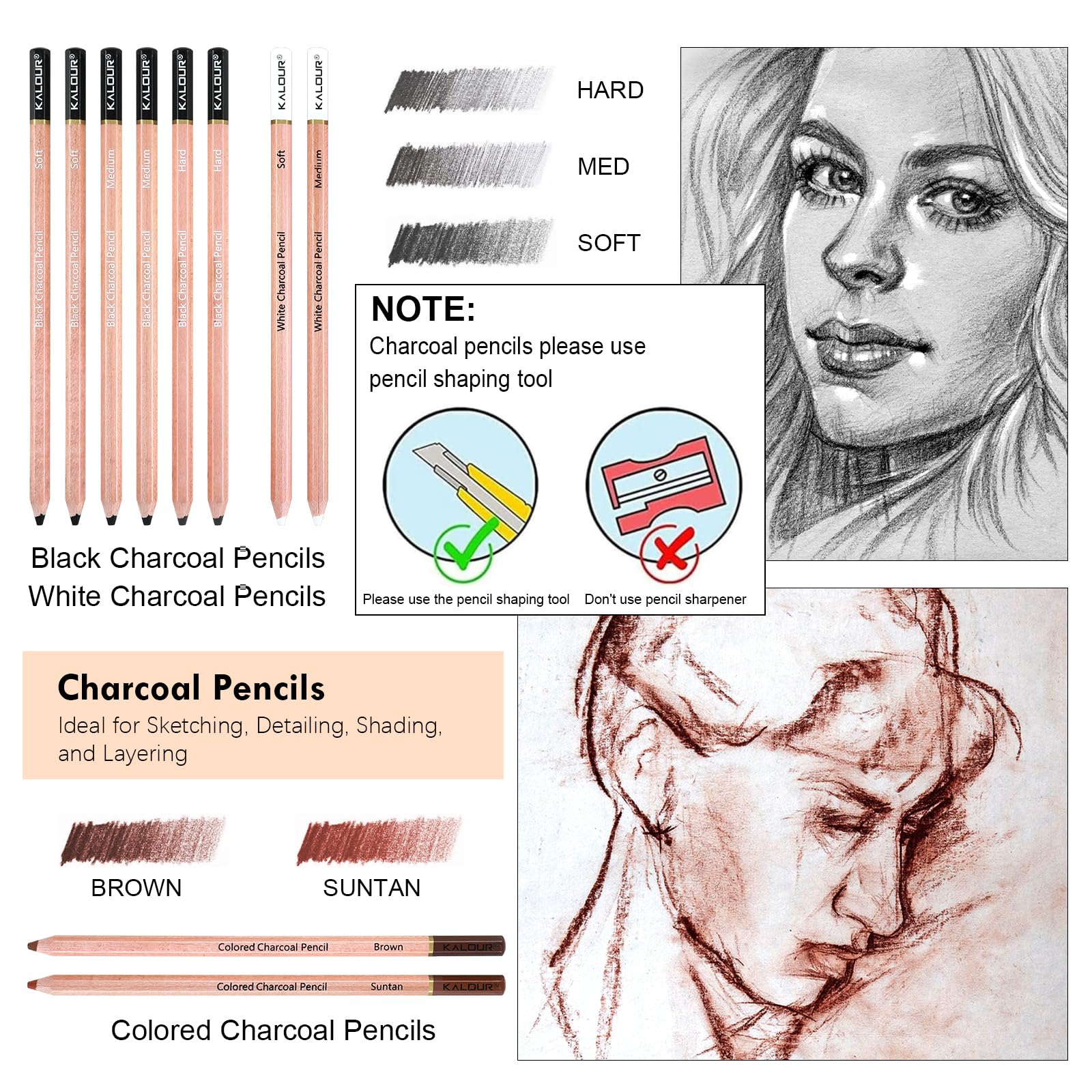 KALOUR PDAS Set di Disegno a Carboncino da 22, Forniture Artistiche Professionali, Matite a Carboncino Nero e Bianco per Disegno, Schizzo, Ombreggiatura, Sfocatura, per Principianti e Artisti
