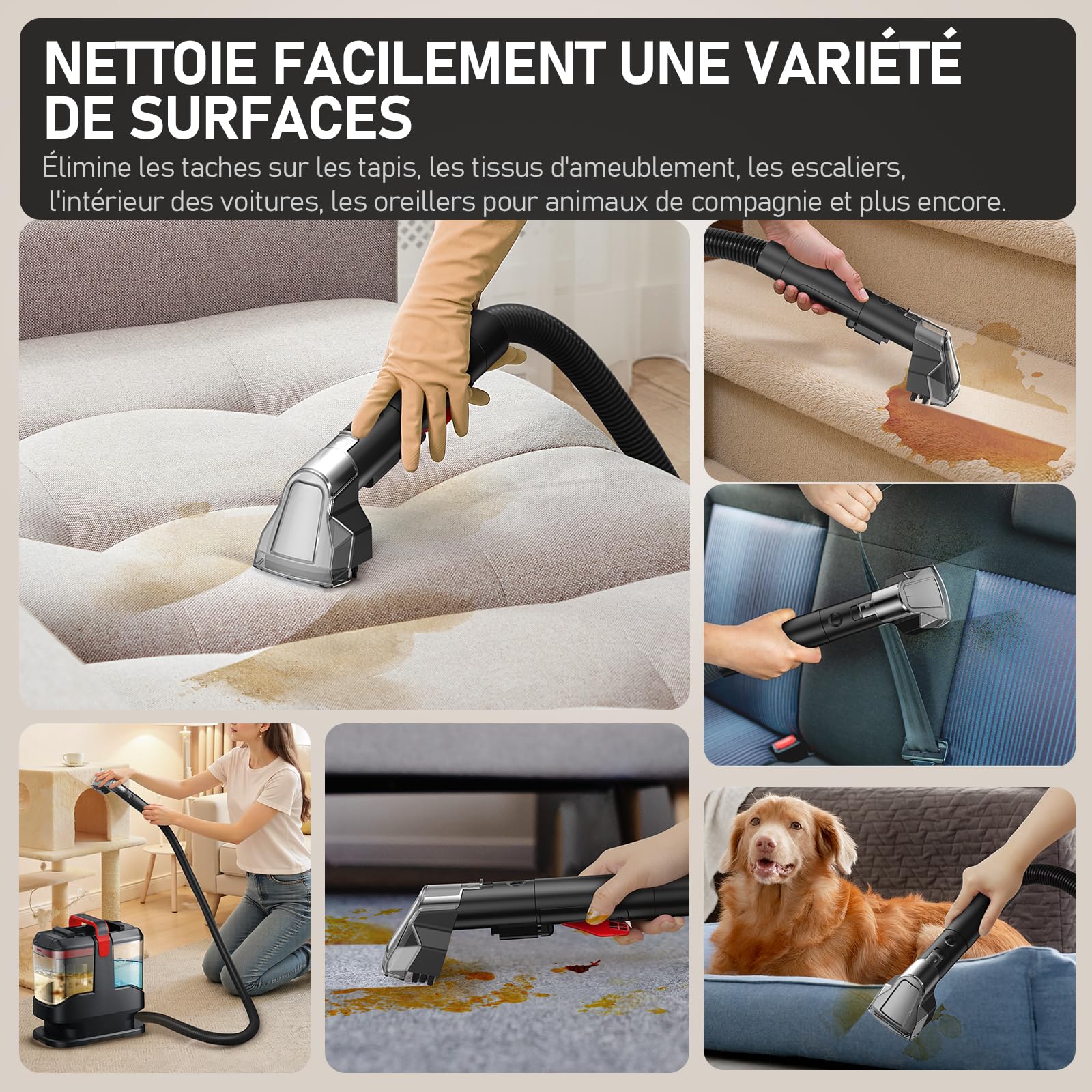 Shampouineuse, 14kPa Nettoyeur canapé tissu, Nettoyeur de tache avec brosse et outil de nettoyage de tuyaux, Nettoyeur compact et portable pour tissus d'ameublement, tapis, canapés, escaliers,voitures