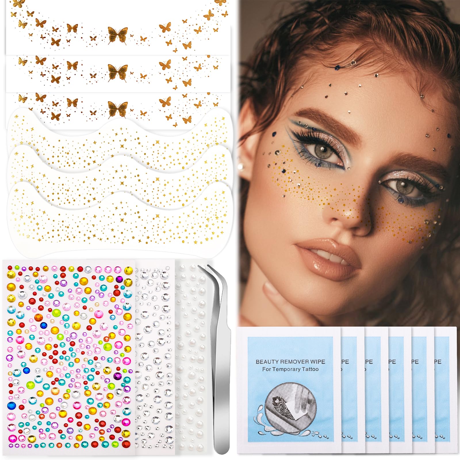 Erinde Glitter Freckles Face Tattoo, 6 Sheets Gold Sparkle Freckles Stickers & 3 Sheets Self Adhesive Face Gems Pearls Rave Accessories for Women, Waterproof Gold Face Makeup Jewels Patches (9PCS)